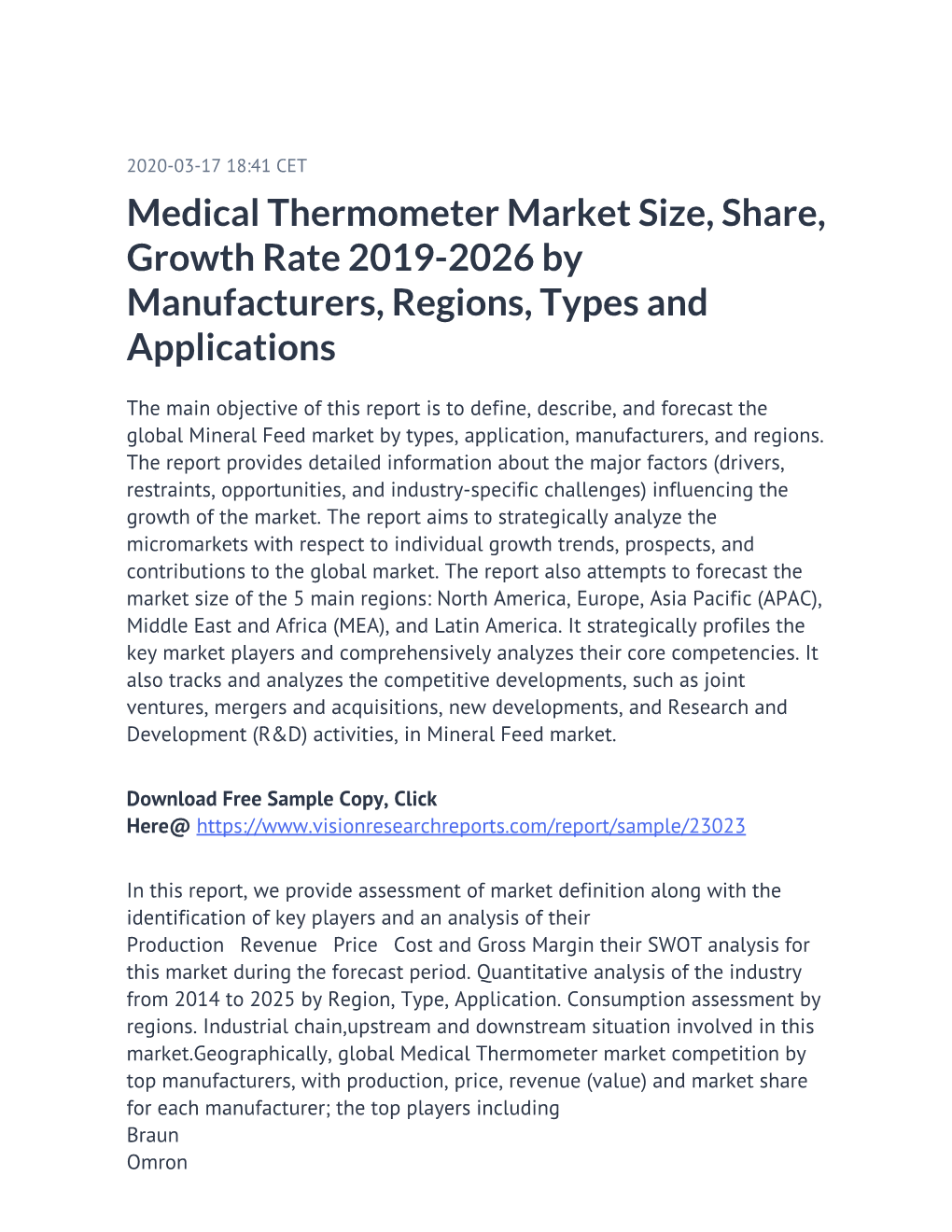 Medical Thermometer Market Size, Share, Growth Rate 2019-2026 by Manufacturers, Regions, Types and Applications