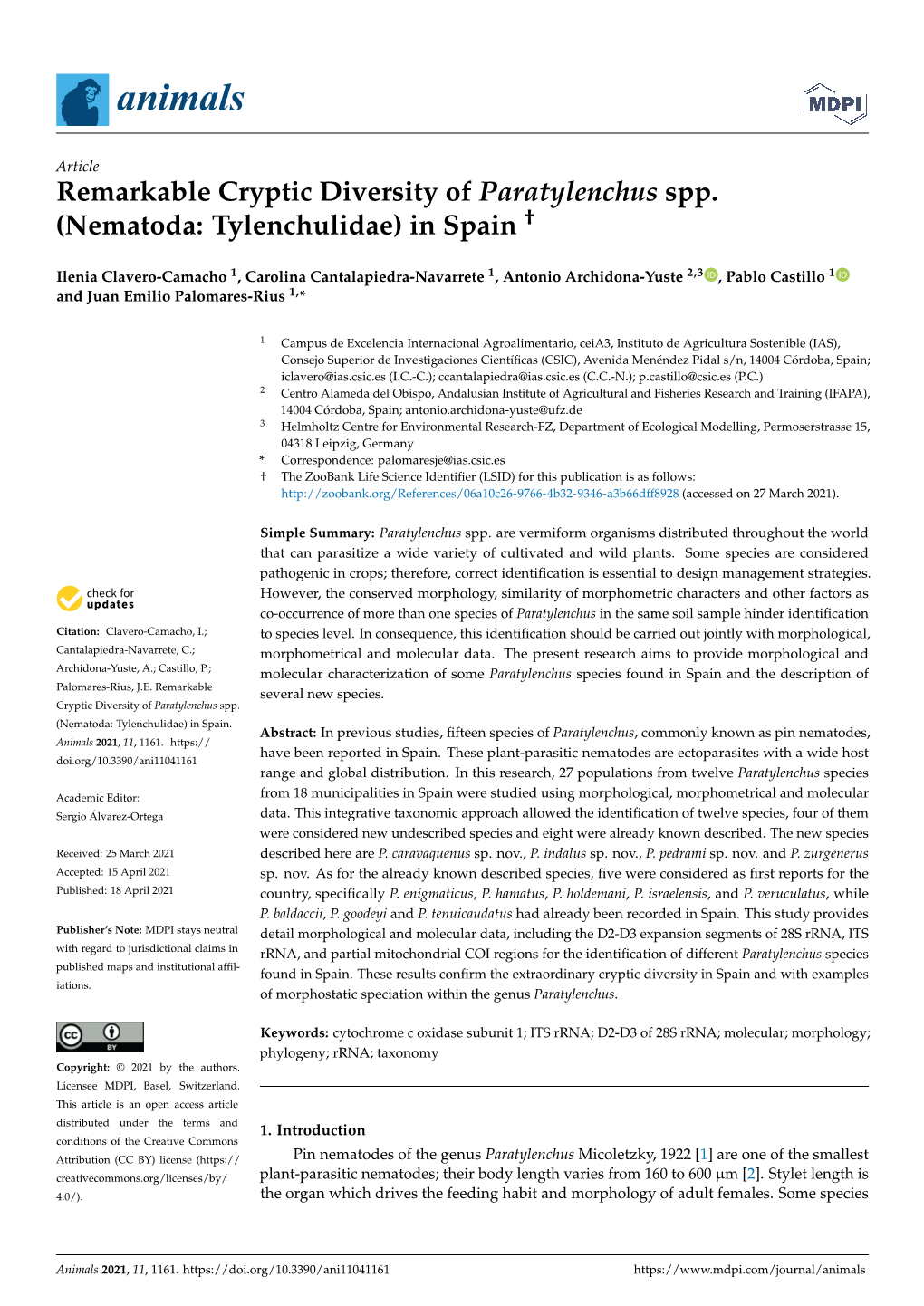 Remarkable Cryptic Diversity of Paratylenchus Spp. (Nematoda: Tylenchulidae) in Spain "2279