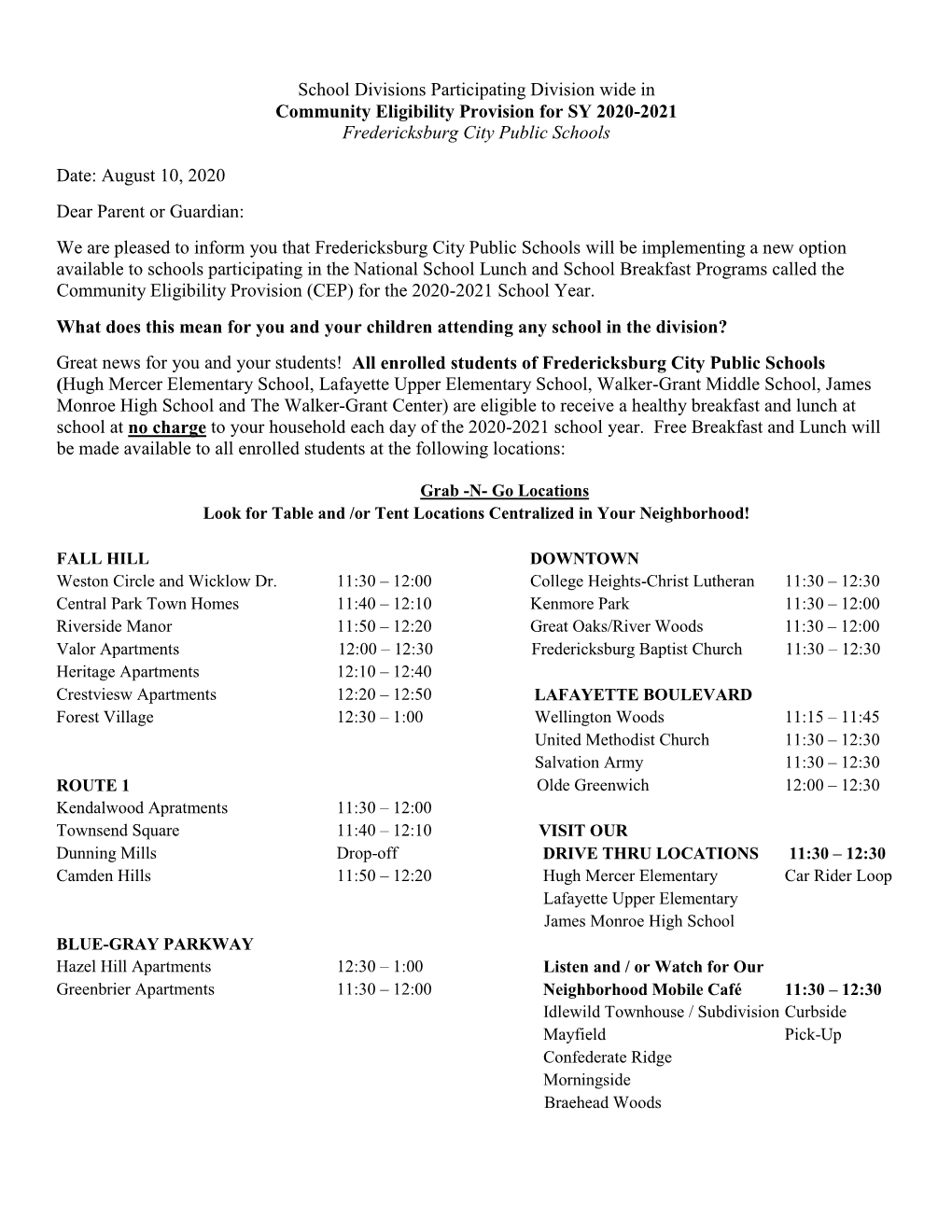 School Divisions Participating Division Wide in Community Eligibility Provision for SY 2020-2021 Fredericksburg City Public Schools