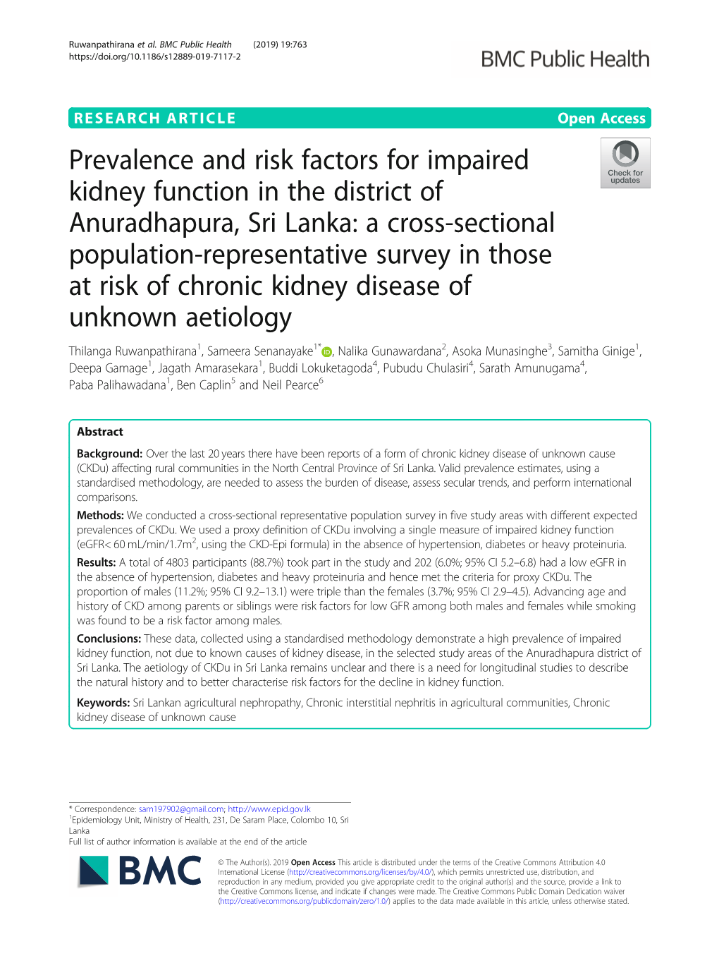 Prevalence and Risk Factors for Impaired Kidney Function in The