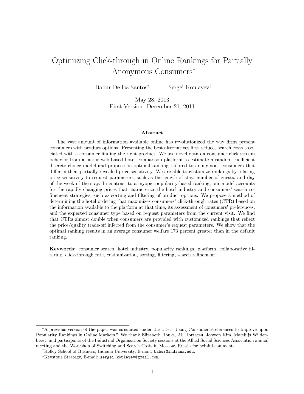 Optimizing Click-Through in Online Rankings for Partially Anonymous Consumers∗