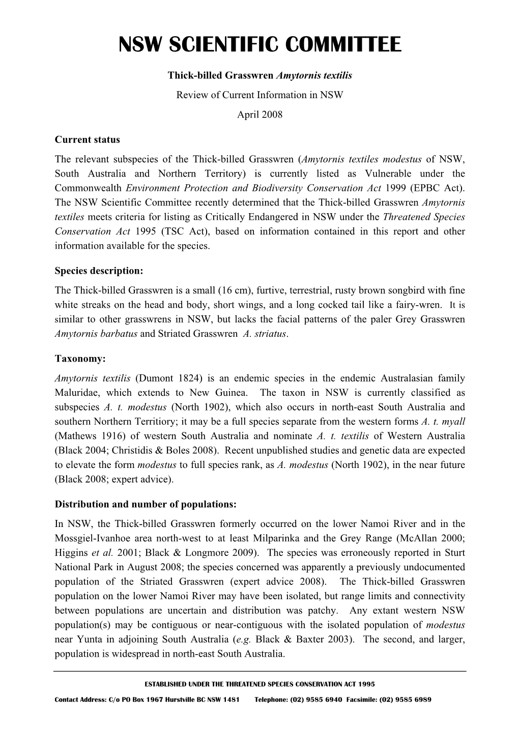 Thick-Billed Grasswren Amytornis Textilis: Review of Current