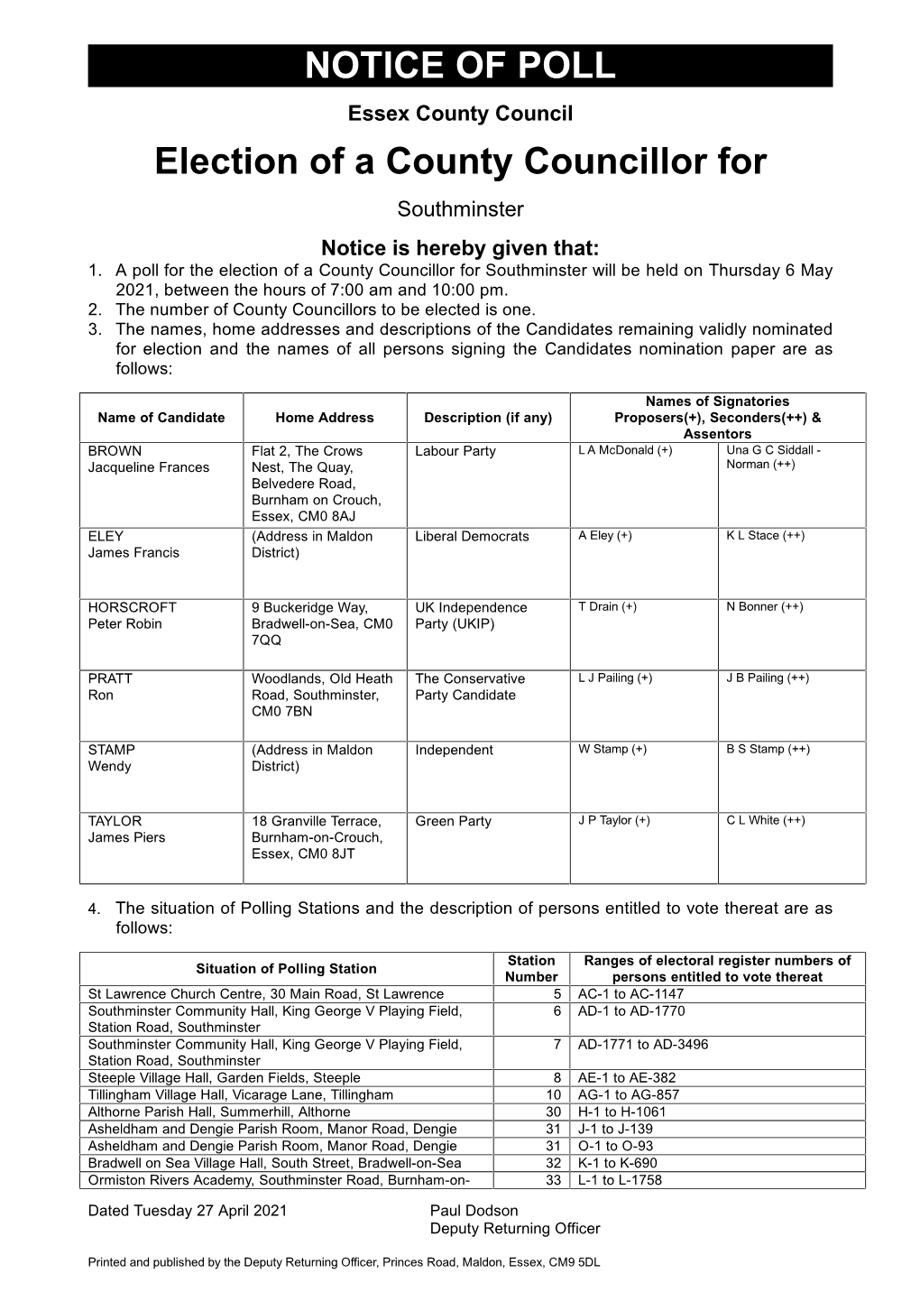 NOTICE of POLL Election of a County Councillor