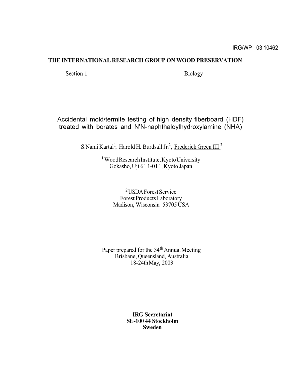 Accidental Mold/Termite Testing of High Density Fiberboard (HDF) Treated with Borates and N’N-Naphthaloylhydroxylamine (NHA)