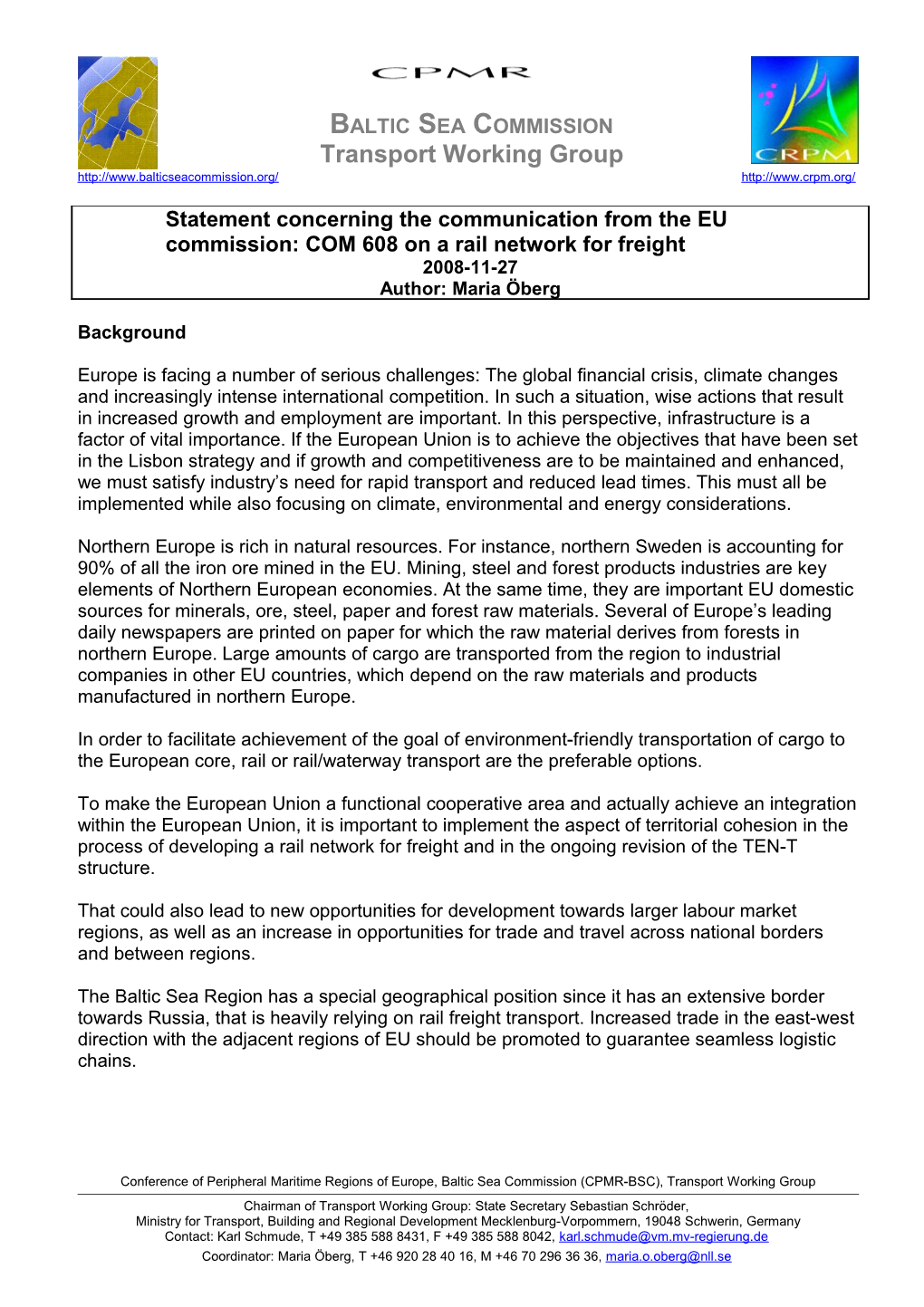 CPMR-BSC Transport Working Group Statement Concerning the Communication from the EU Commission