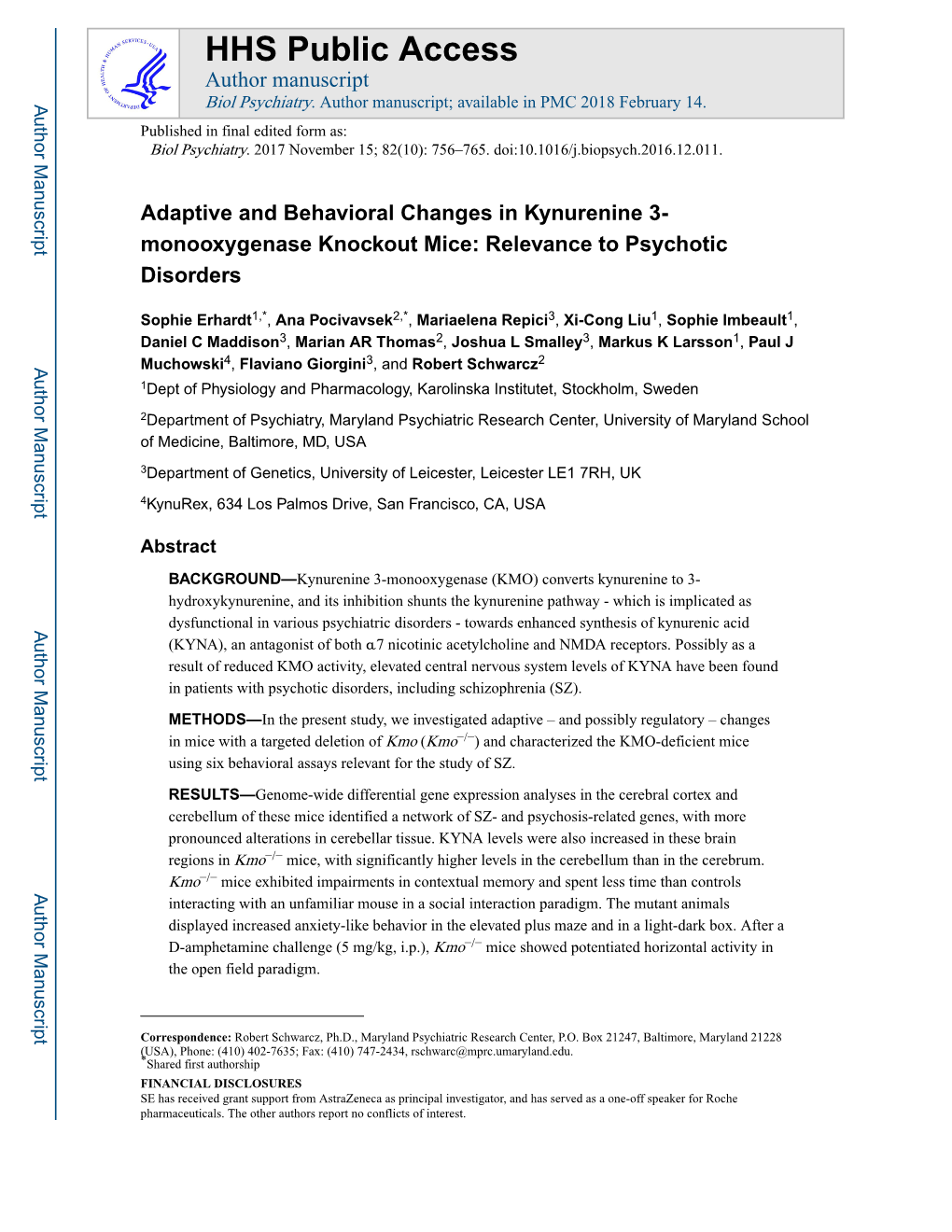 Adaptive and Behavioral Changes in Kynurenine 3-Monooxygenase Knockout Mice: Relevance to Psychotic Disorders