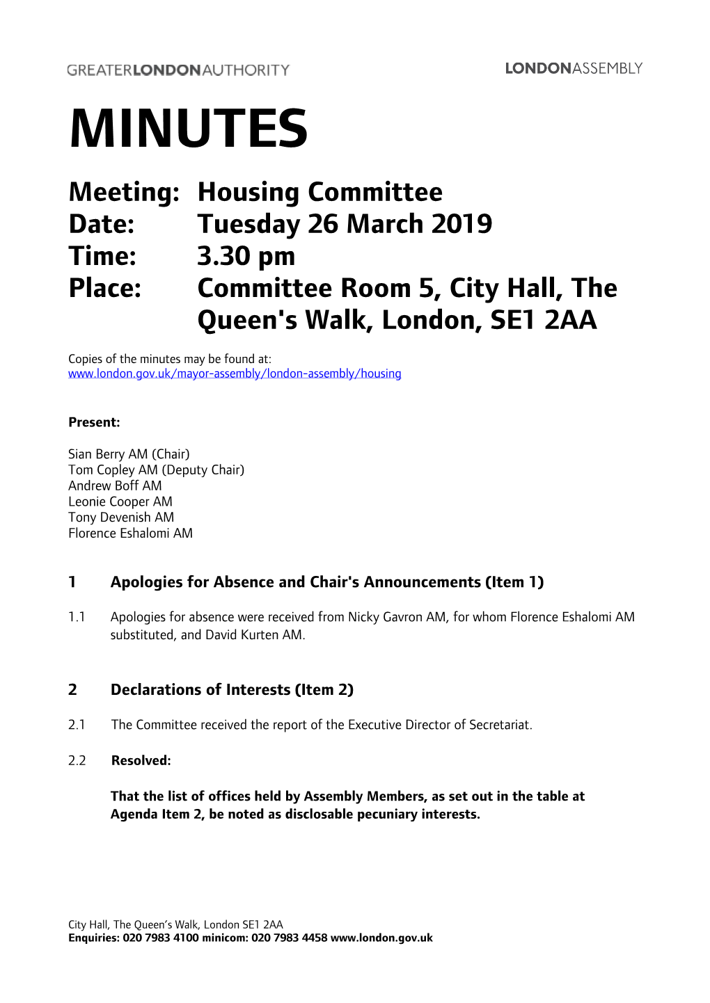 Minutes Document for Housing Committee, 26/03/2019 15:30