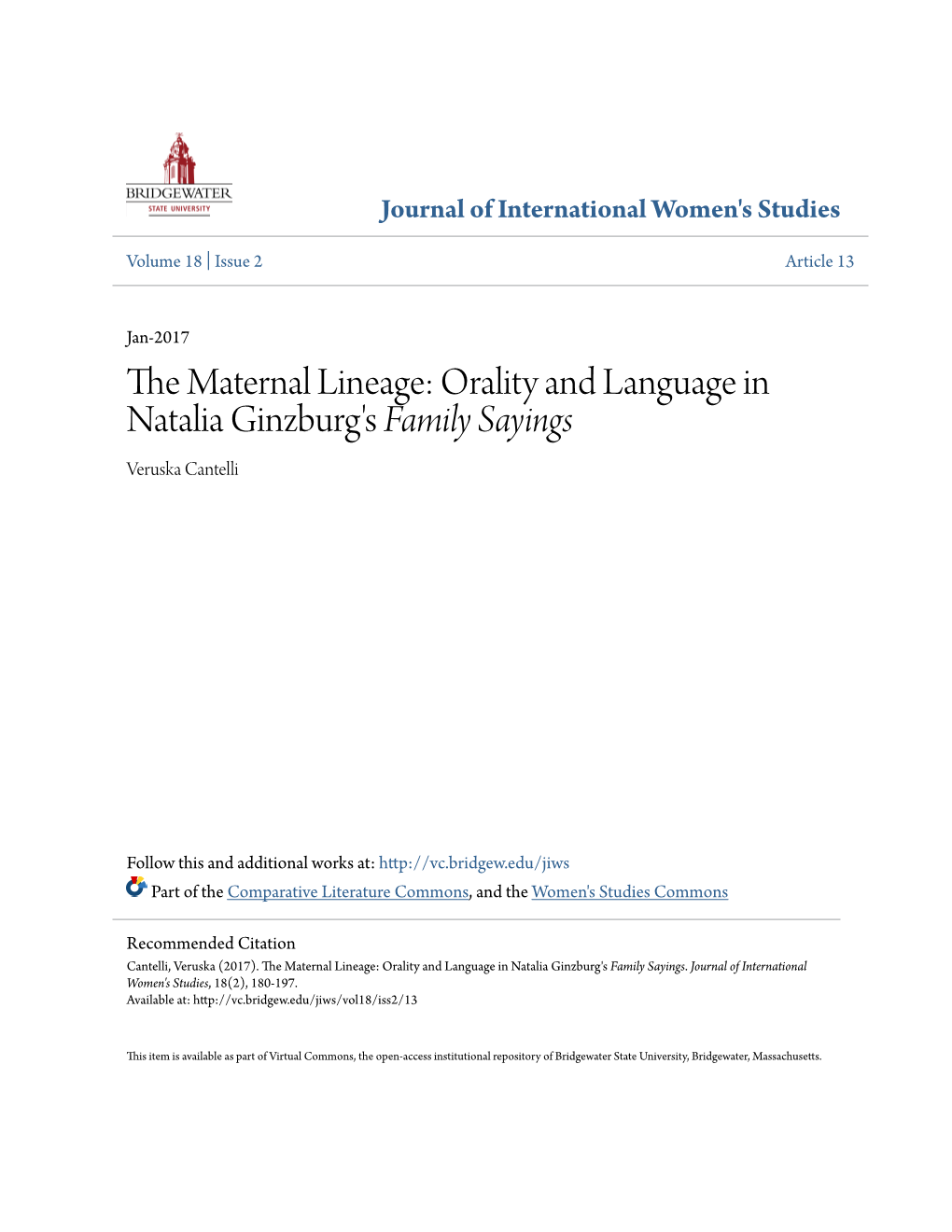 The Maternal Lineage: Orality and Language in Natalia Ginzburg's