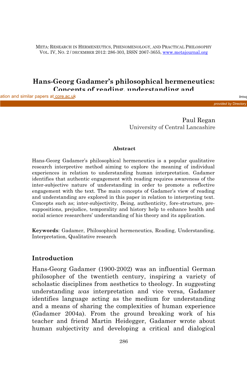 Hans-Georg Gadamer's Philosophical Hermeneutics