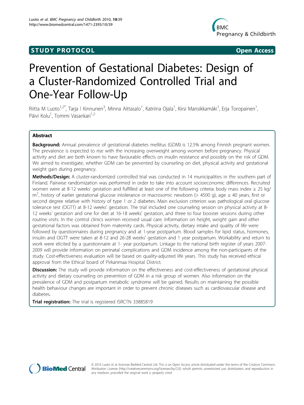 Prevention of Gestational Diabetes: Design of a Cluster-Randomized