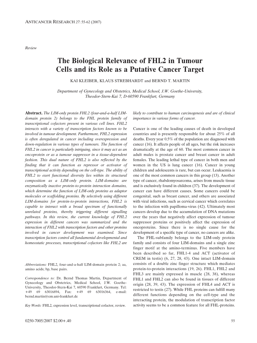 The Biological Relevance of FHL2 in Tumour Cells and Its Role As a Putative Cancer Target