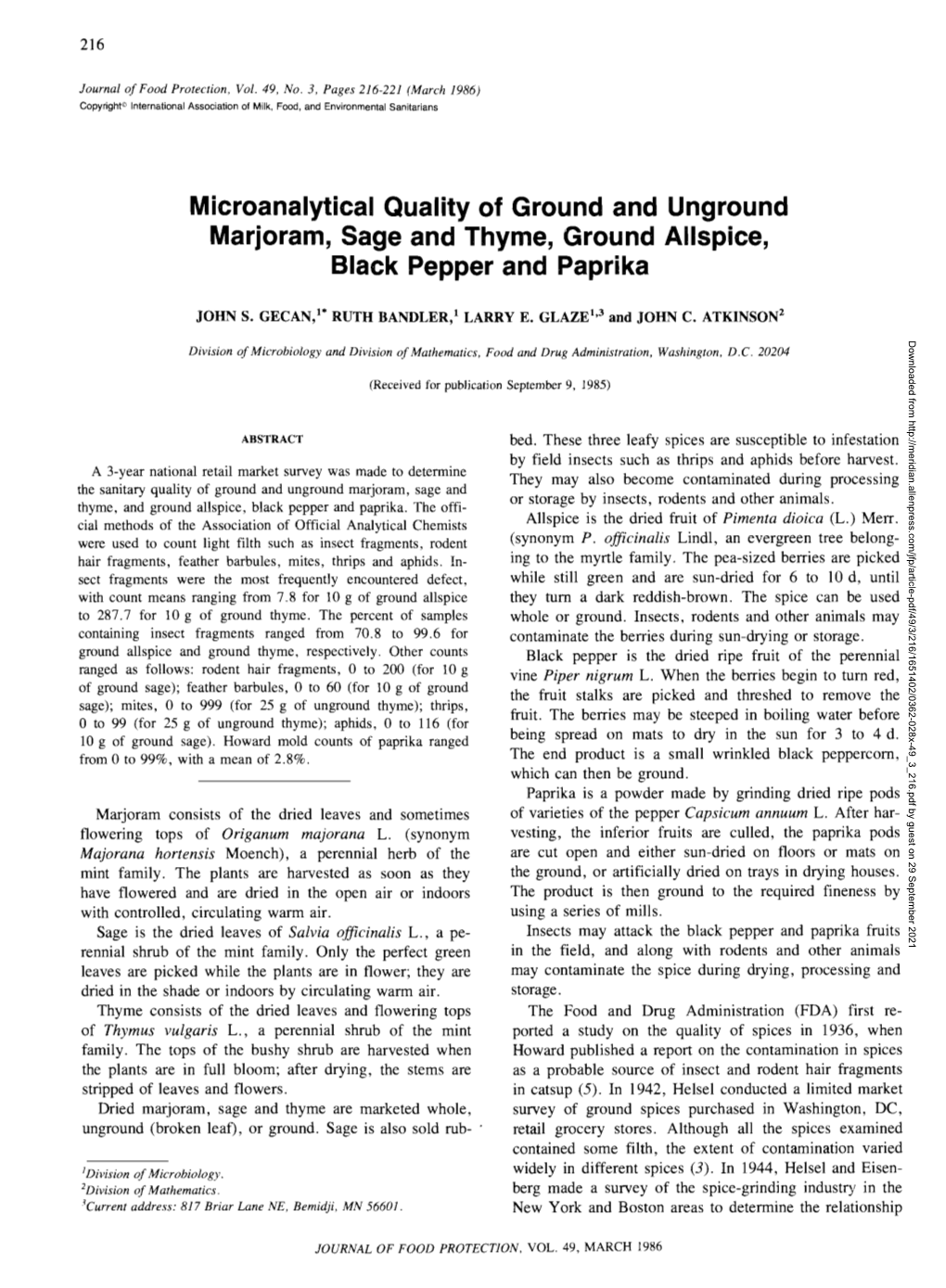 Microanalytical Quality of Ground and Unground Marjoram, Sage and Thyme, Ground Allspice, Black Pepper and Paprika