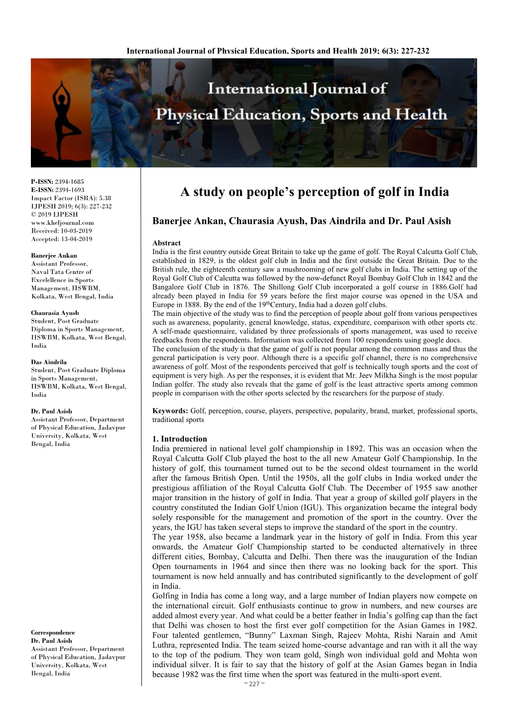 A Study on People's Perception of Golf in India