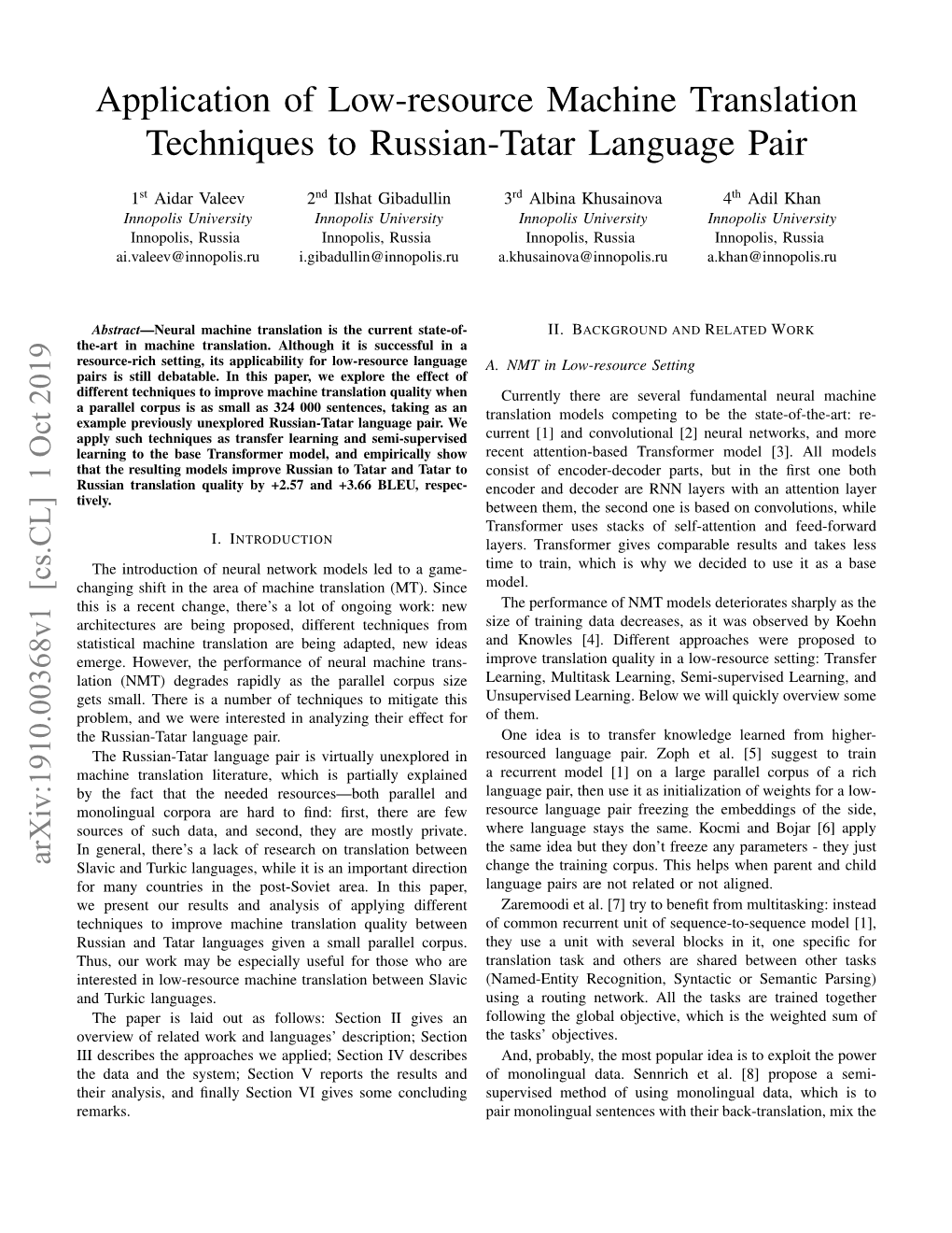 Application of Low-Resource Machine Translation Techniques to Russian-Tatar Language Pair