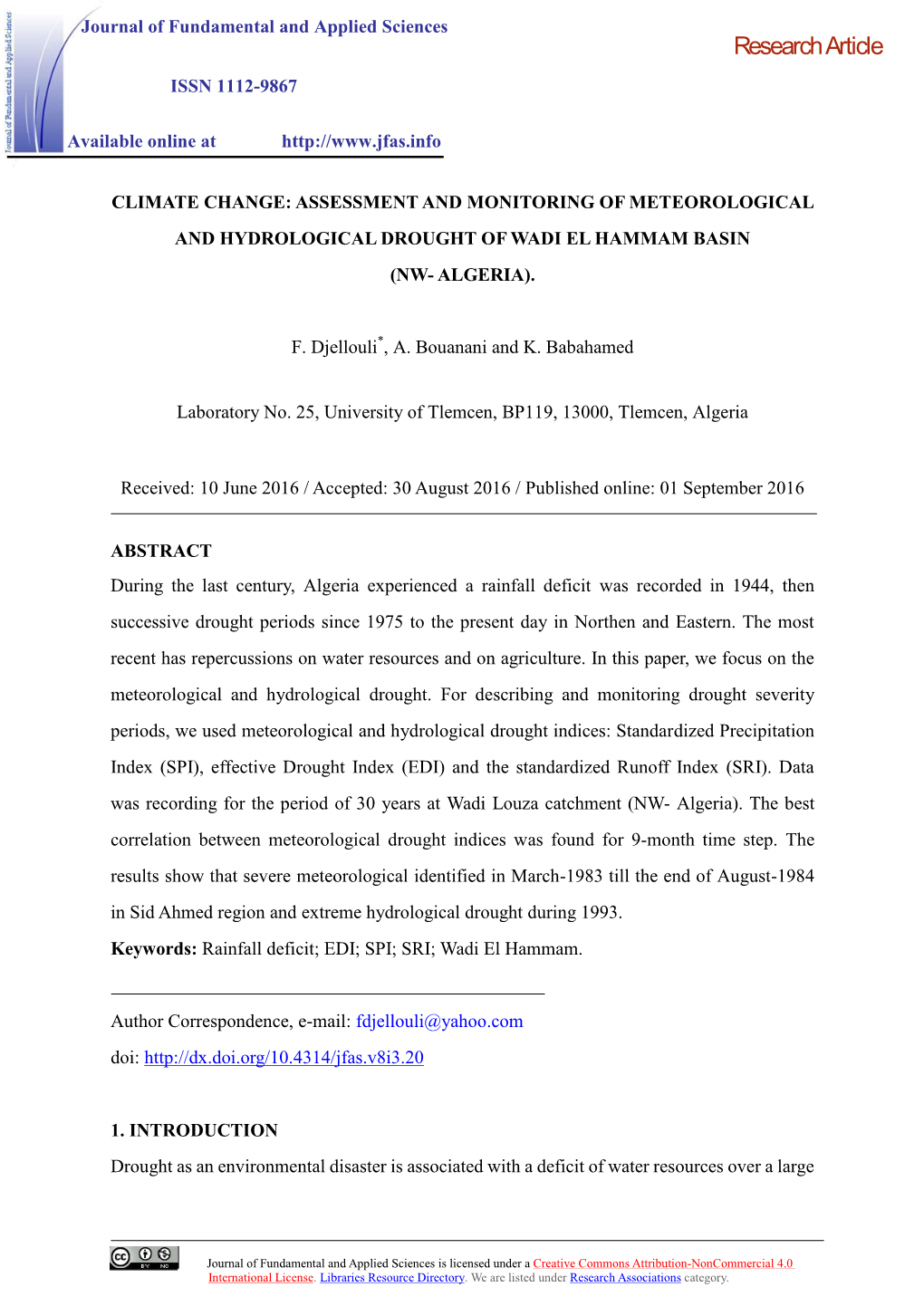 Assessment and Monitoring of Meteorological and Hydrological Drought of Wadi El Hammam Basin (Nw- Algeria)