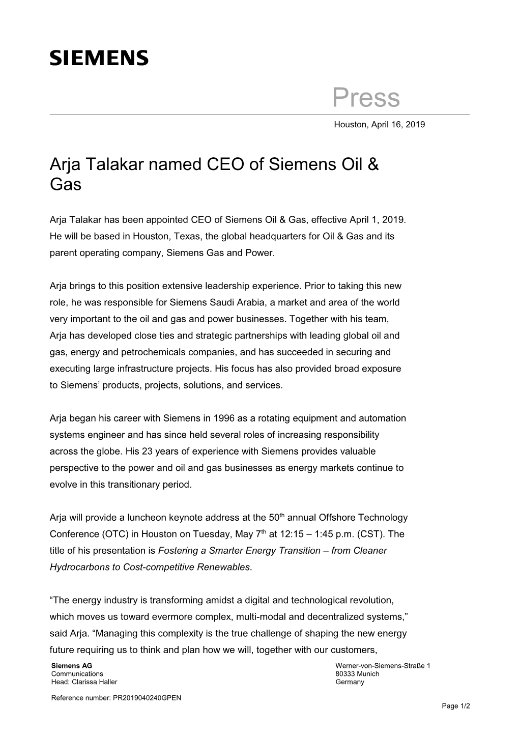 Arja Talakar Named CEO of Siemens Oil &
