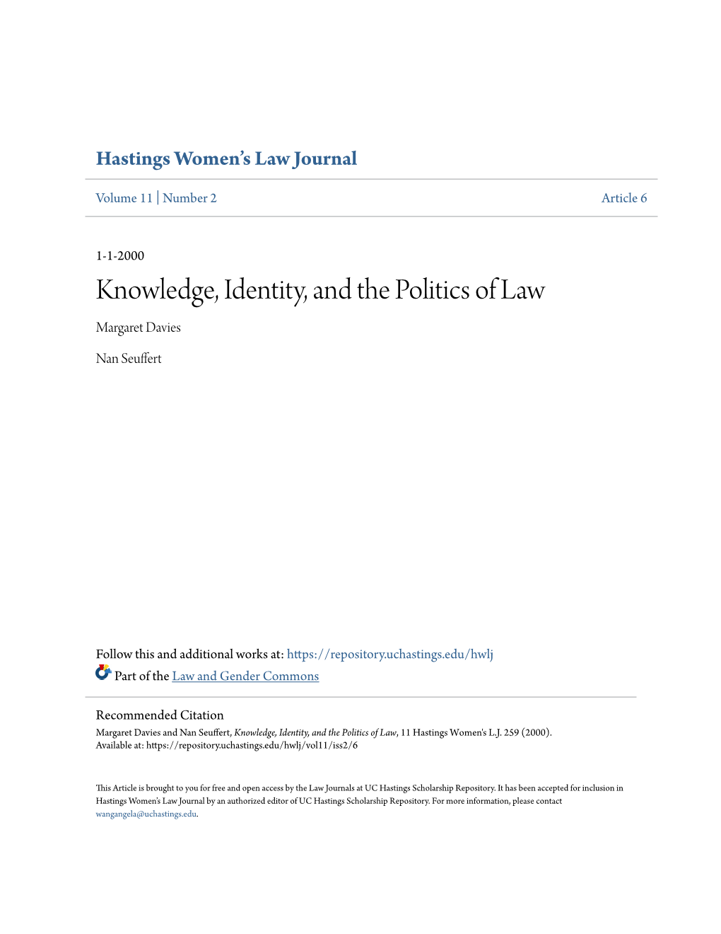 Knowledge, Identity, and the Politics of Law Margaret Davies