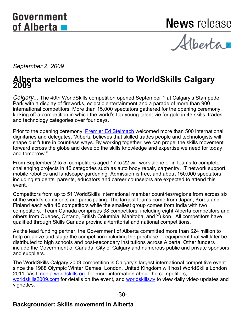 Alberta Welcomes the World to Worldskills Calgary 2009