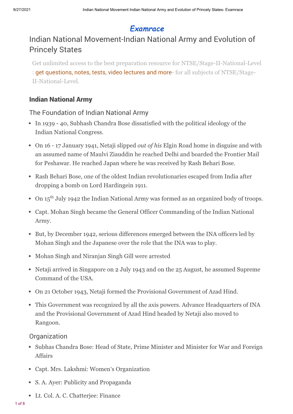 Indian National Movement-Indian National Army and Evolution of Princely States