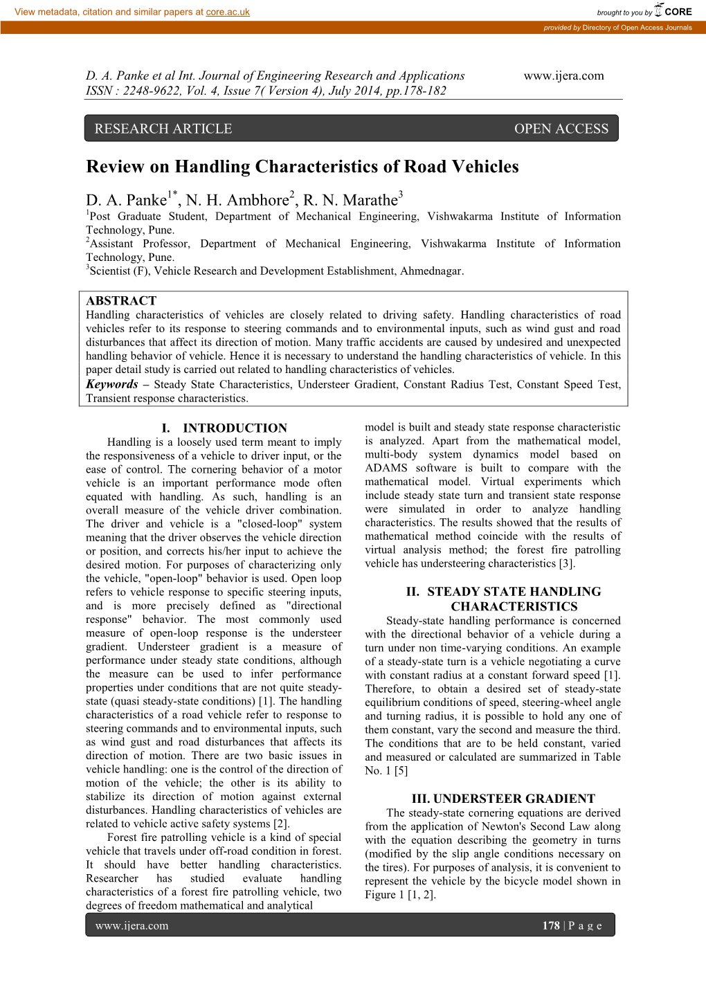 Review on Handling Characteristics of Road Vehicles