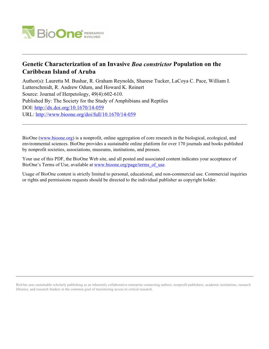 Genetic Characterization of an Invasive Boa Constrictor Population on the Caribbean Island of Aruba Author(S): Lauretta M