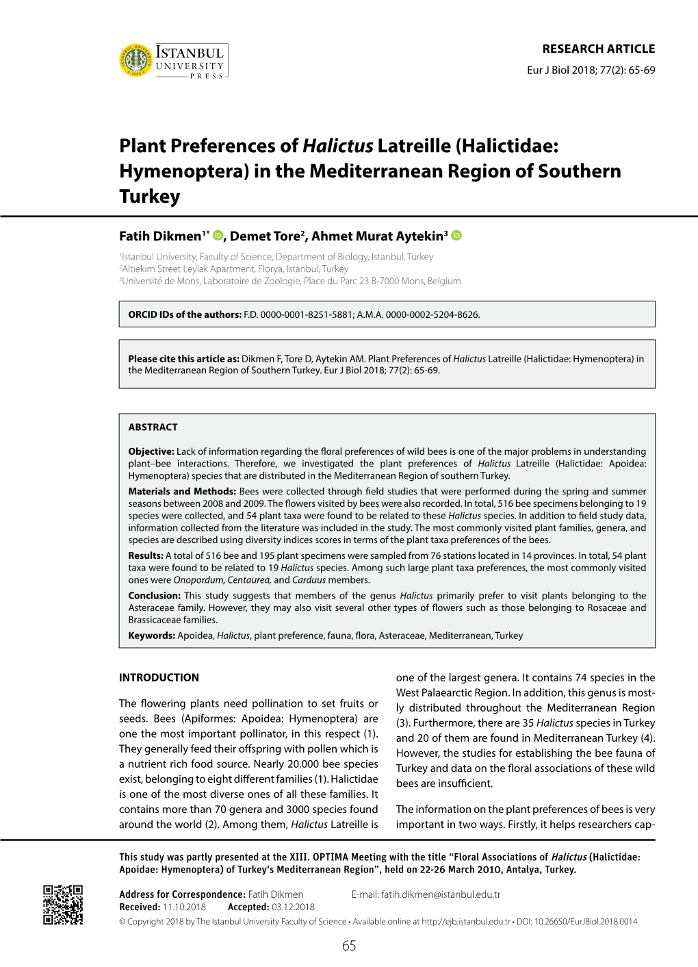 Plant Preferences of Halictus Latreille (Halictidae: Hymenoptera) in the Mediterranean Region of Southern Turkey