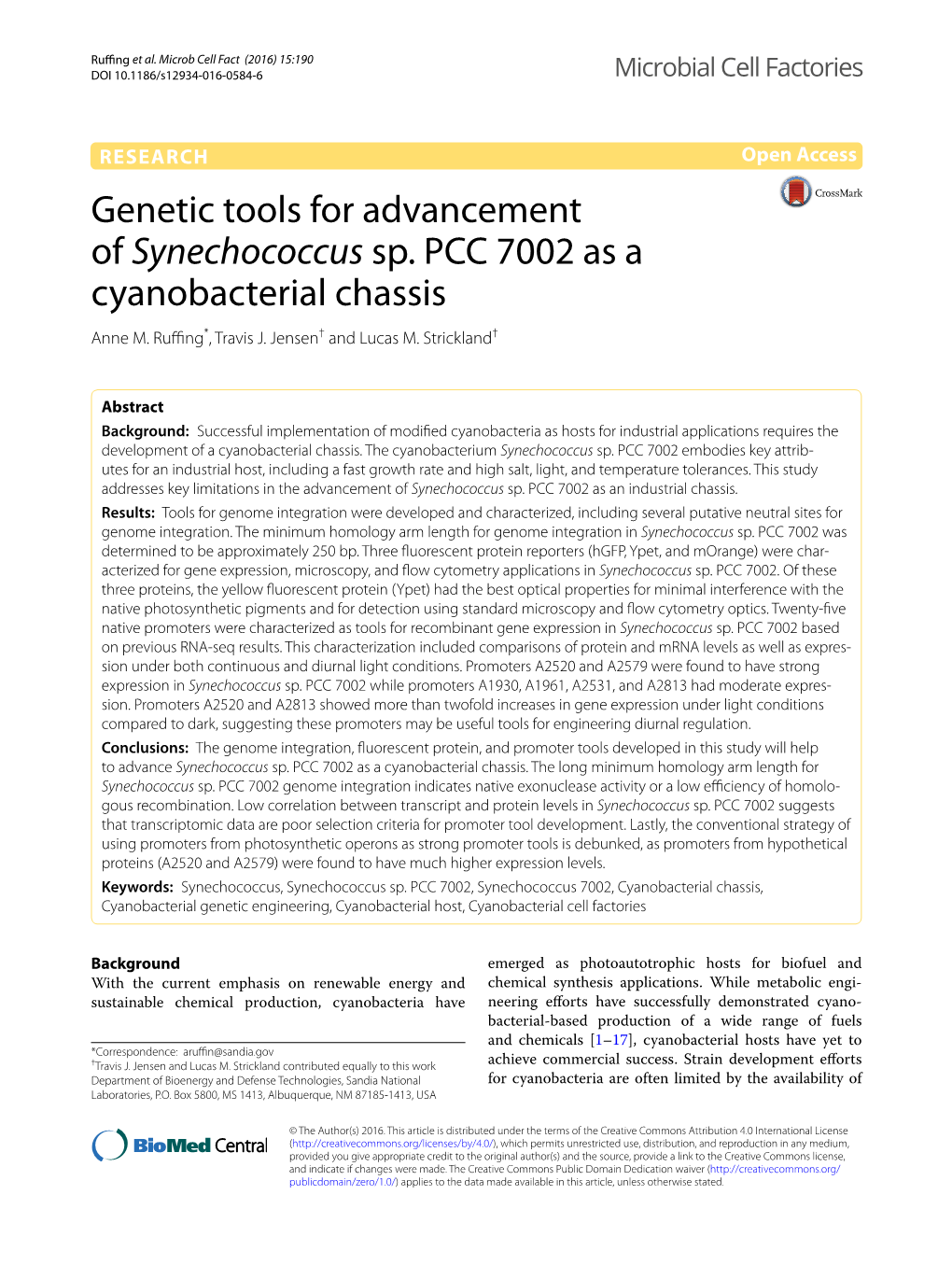 Genetic Tools for Advancement of Synechococcus Sp. PCC 7002 As a Cyanobacterial Chassis Anne M