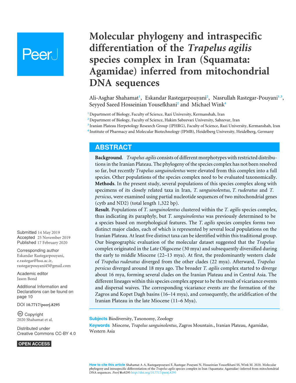 Molecular Phylogeny and Intraspecific Differentiation of the Trapelus Agilis Species Complex in Iran (Squamata: Agamidae) Inferred from Mitochondrial DNA Sequences