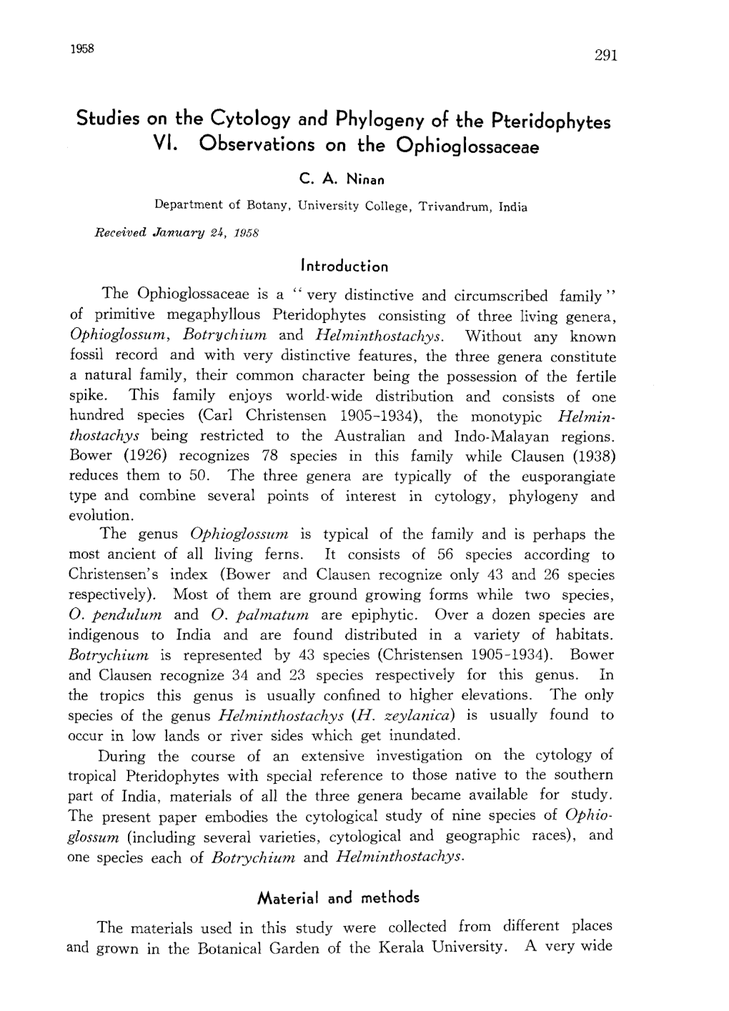 Studies on the Cytology and Phylogeny of the Pteridophytes VI. Observations on the Ophioglossaceae