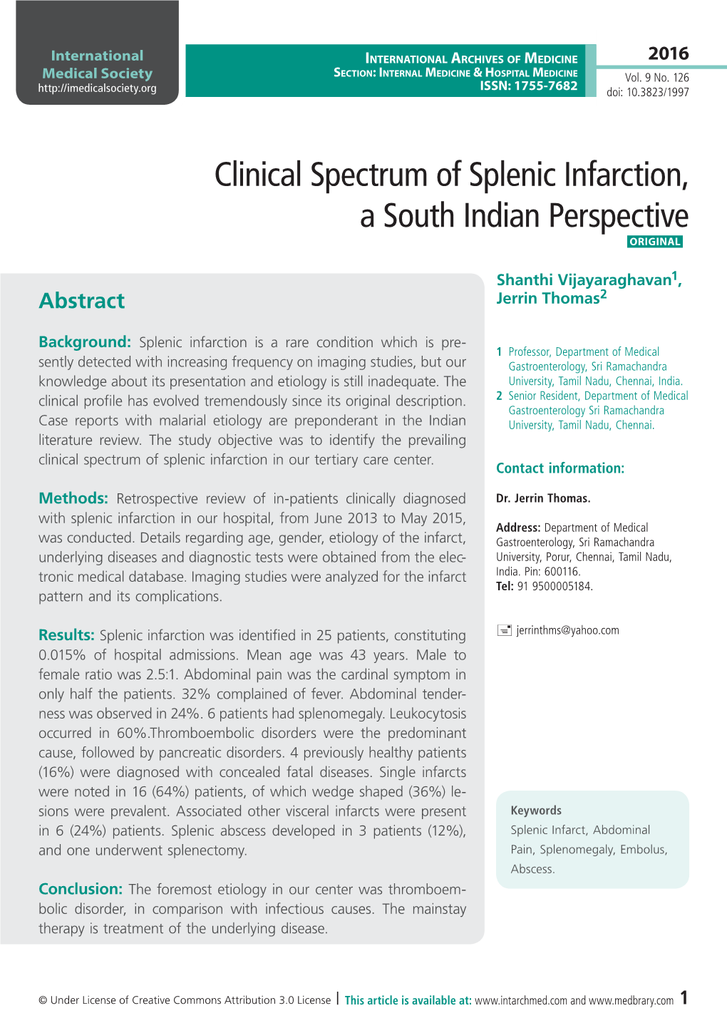 Clinical Spectrum of Splenic Infarction, a South Indian Perspective ORIGINAL