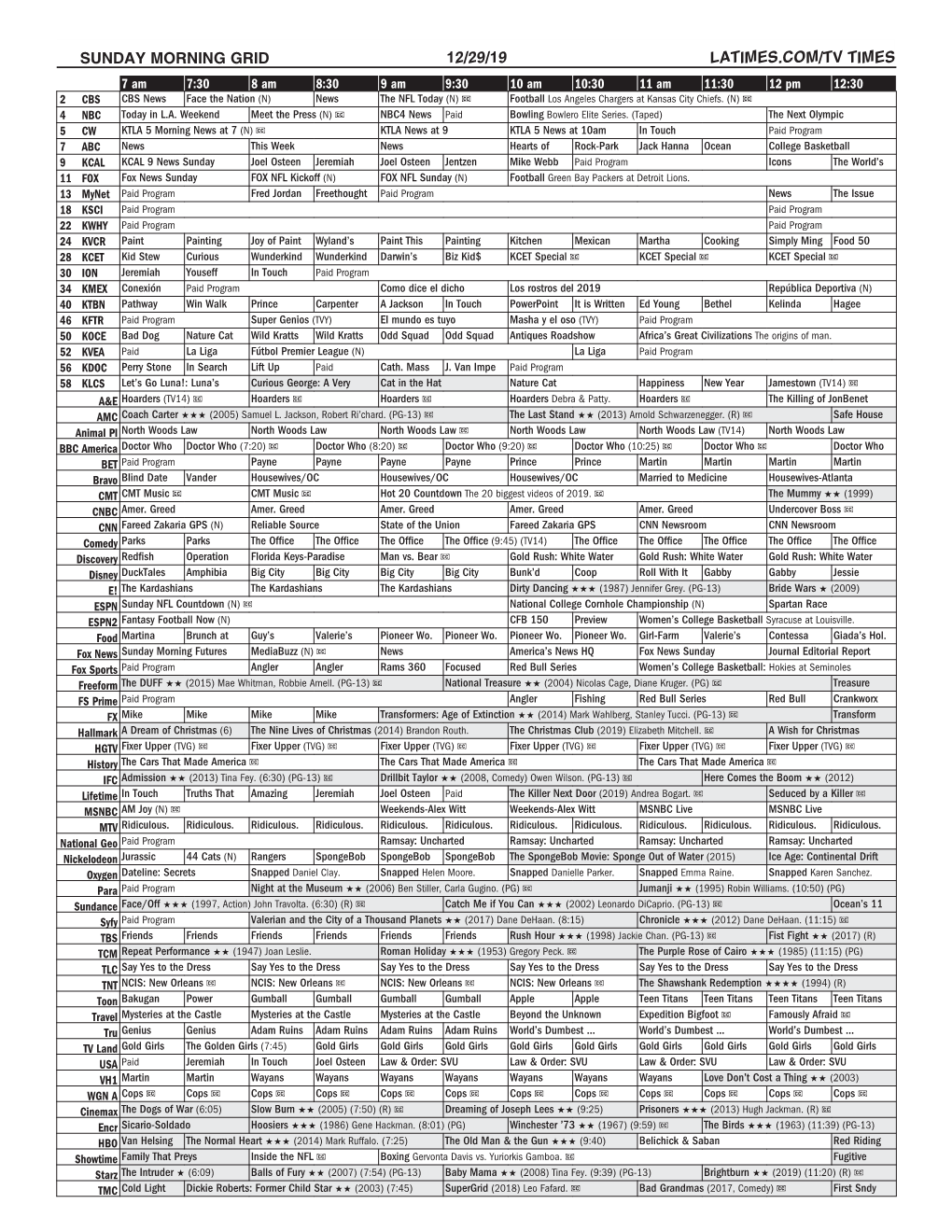 Sunday Morning Grid 12/29/19 Latimes.Com/Tv Times