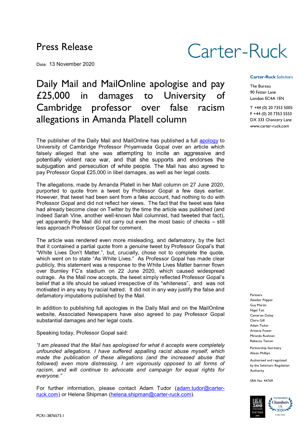 Press Release Daily Mail and Mailonline Apologise and Pay