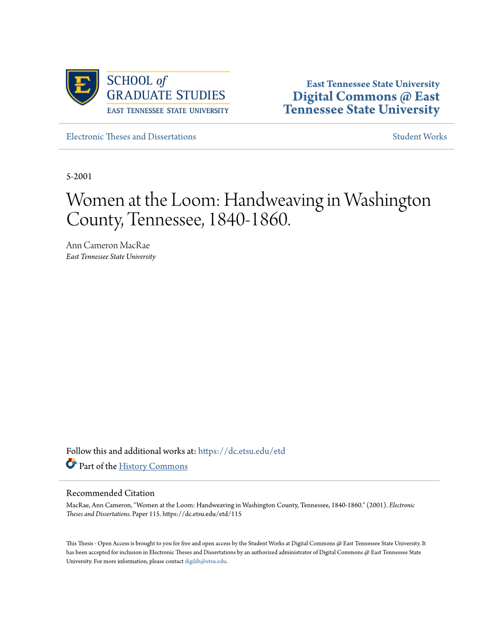 Women at the Loom: Handweaving in Washington County, Tennessee, 1840-1860