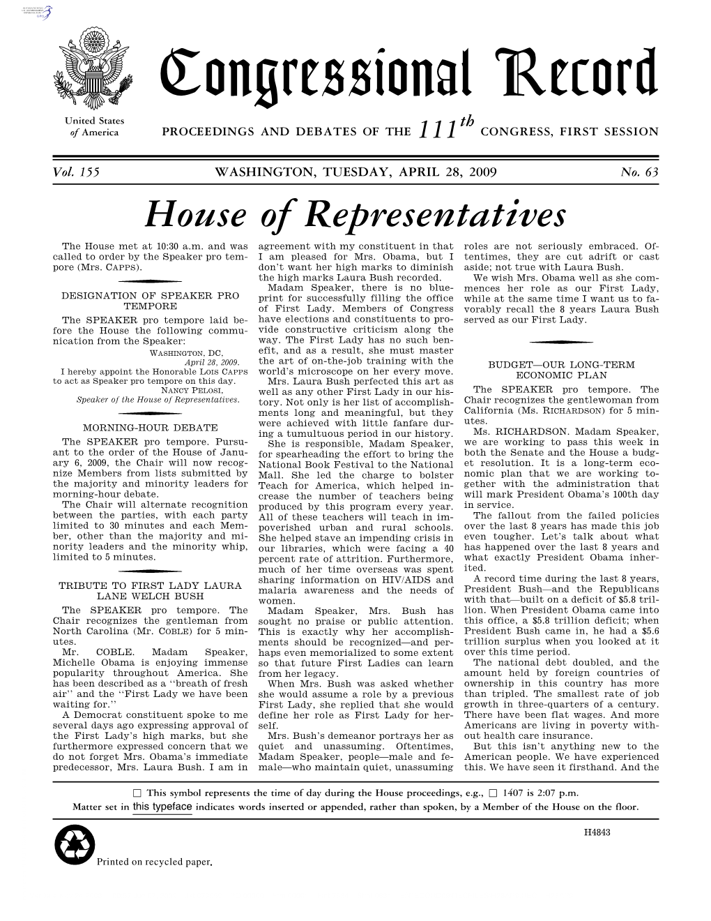 Congressional Record United States Th of America PROCEEDINGS and DEBATES of the 111 CONGRESS, FIRST SESSION