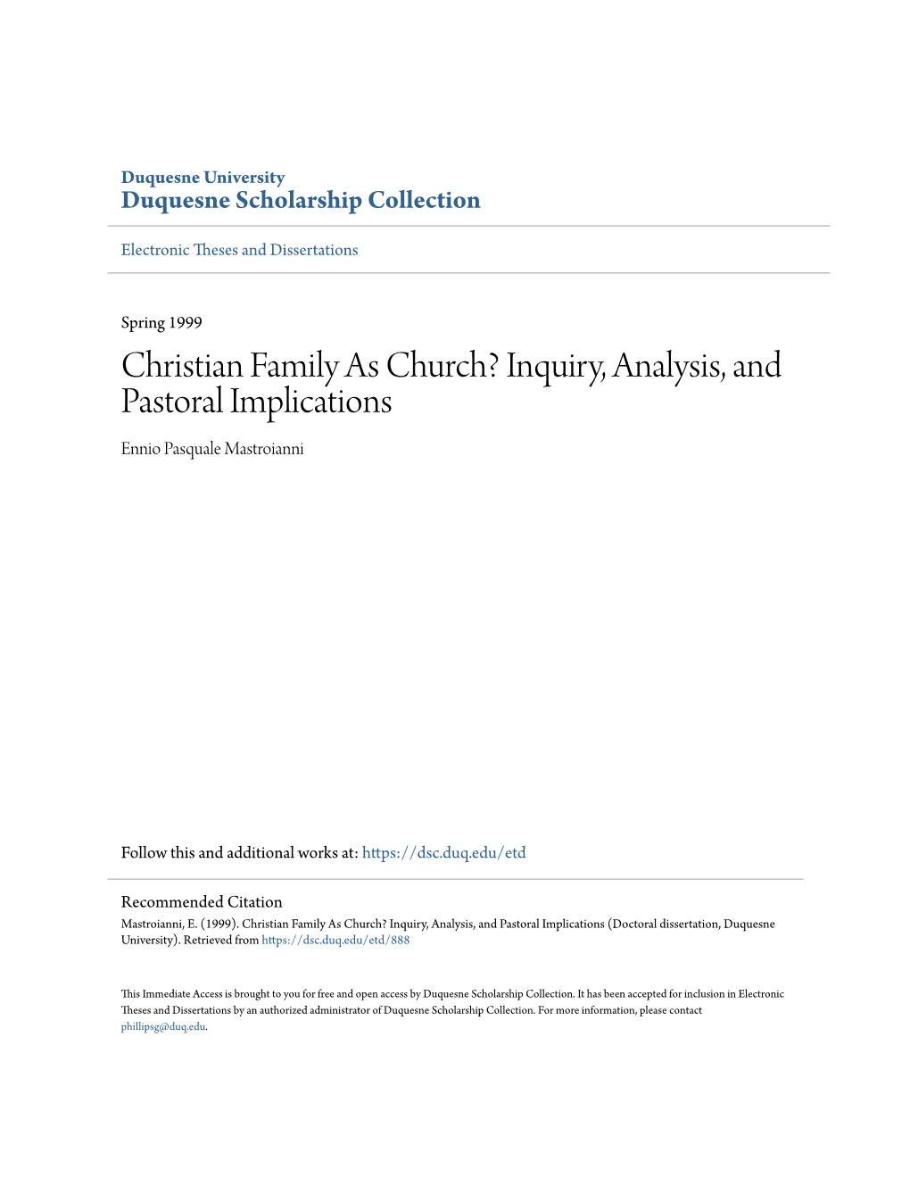 Christian Family As Church? Inquiry, Analysis, and Pastoral Implications Ennio Pasquale Mastroianni