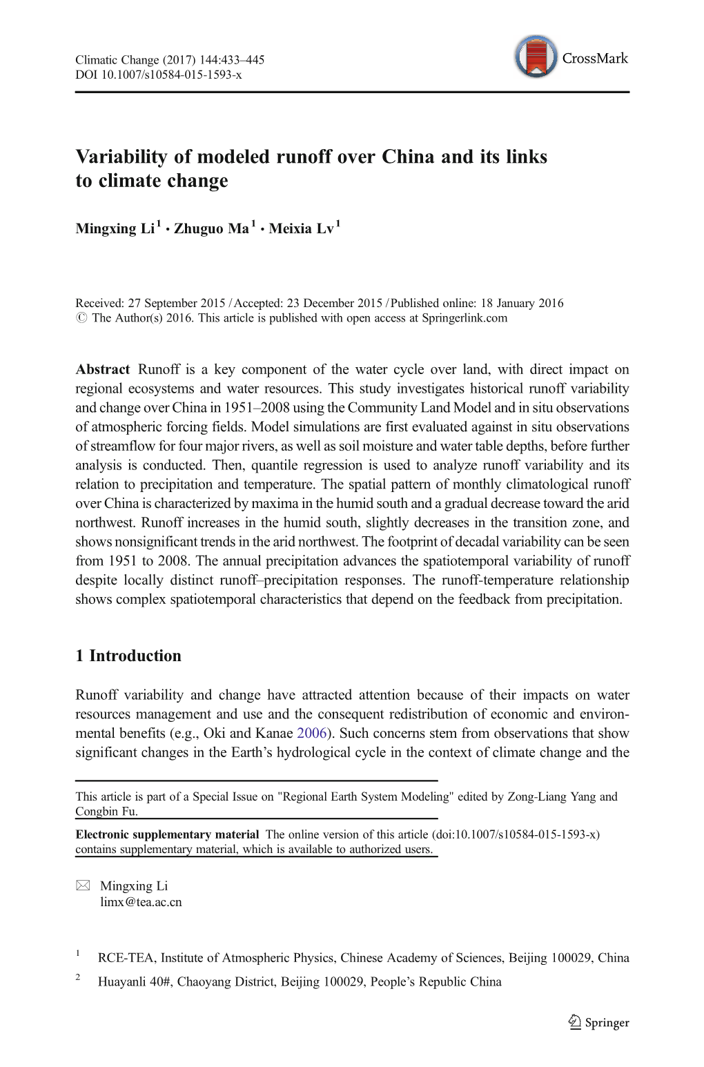 Variability of Modeled Runoff Over China and Its Links to Climate Change