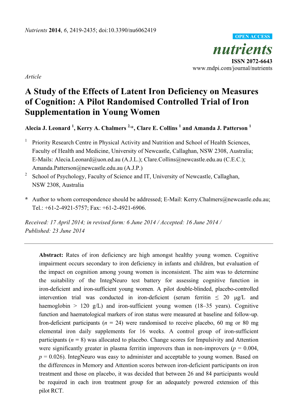 A Study of the Effects of Latent Iron Deficiency on Measures of Cognition: a Pilot Randomised Controlled Trial of Iron Supplementation in Young Women