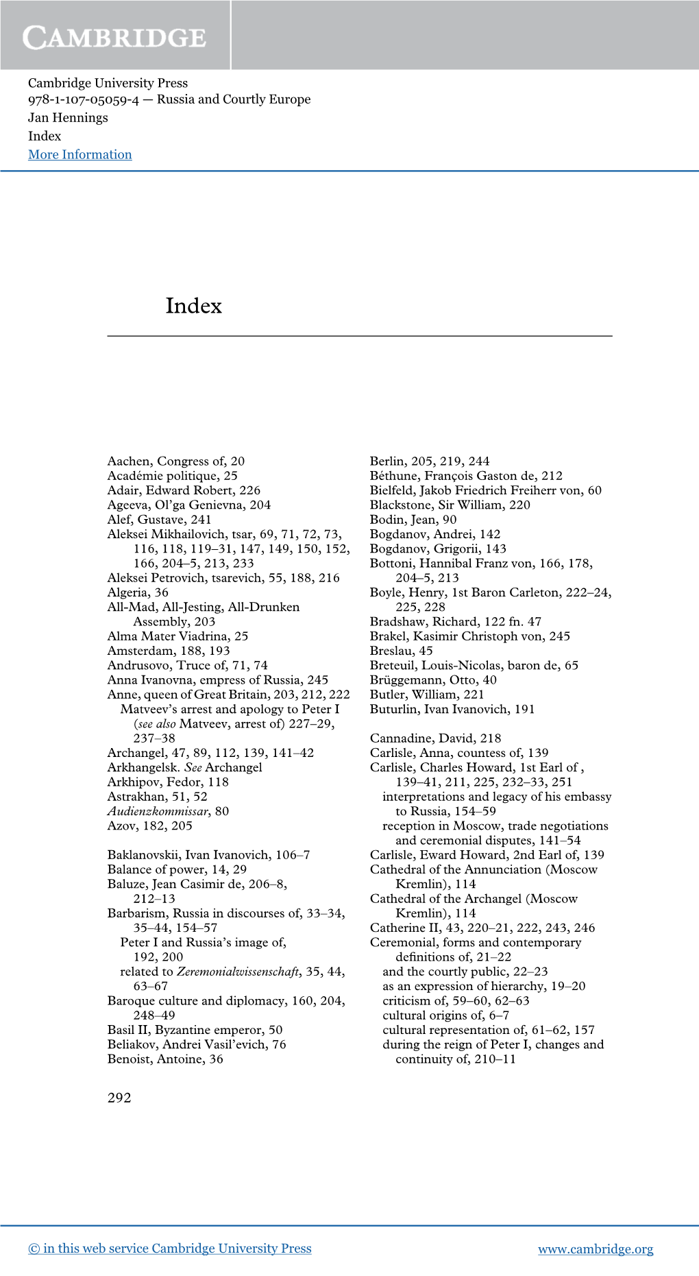 Russia and Courtly Europe Jan Hennings Index More Information