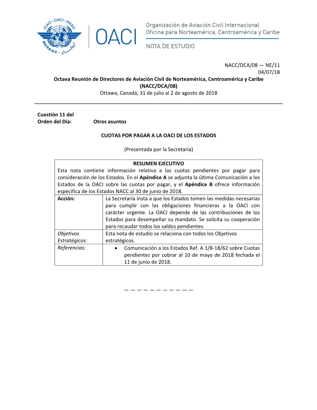 NACC/DCA/08 — NE/11 04/07/18 Octava Reunión De Directores De Aviación Civil De Norteamérica, Centroamérica Y Ca