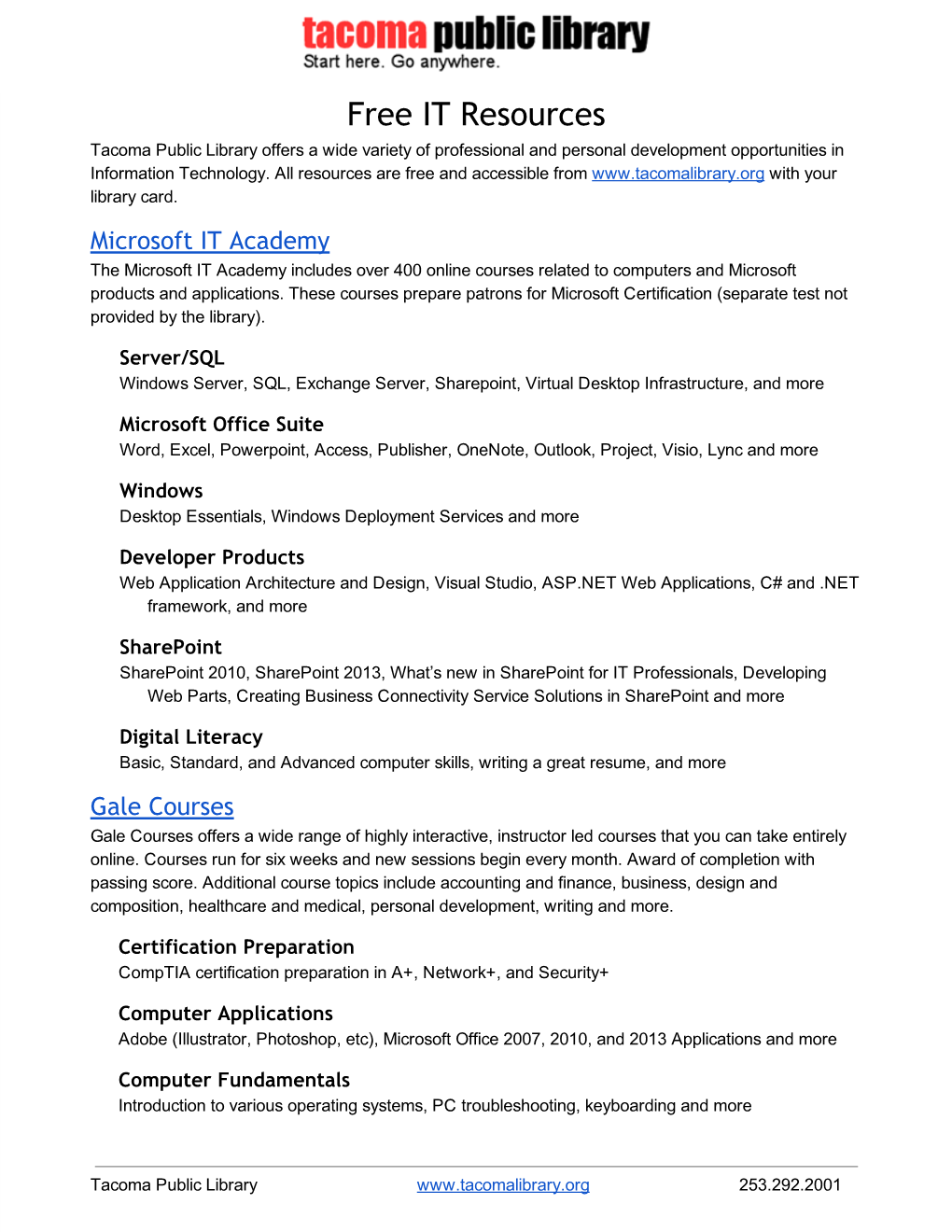 Free IT Resources Tacoma Public Library Offers a Wide Variety of Professional and Personal Development Opportunities in Information Technology