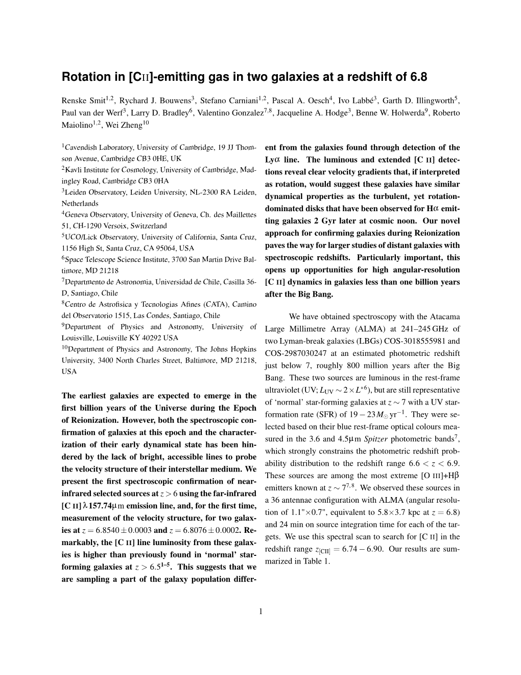 Rotation in [CII]-Emitting Gas in Two Galaxies at a Redshift of 6.8