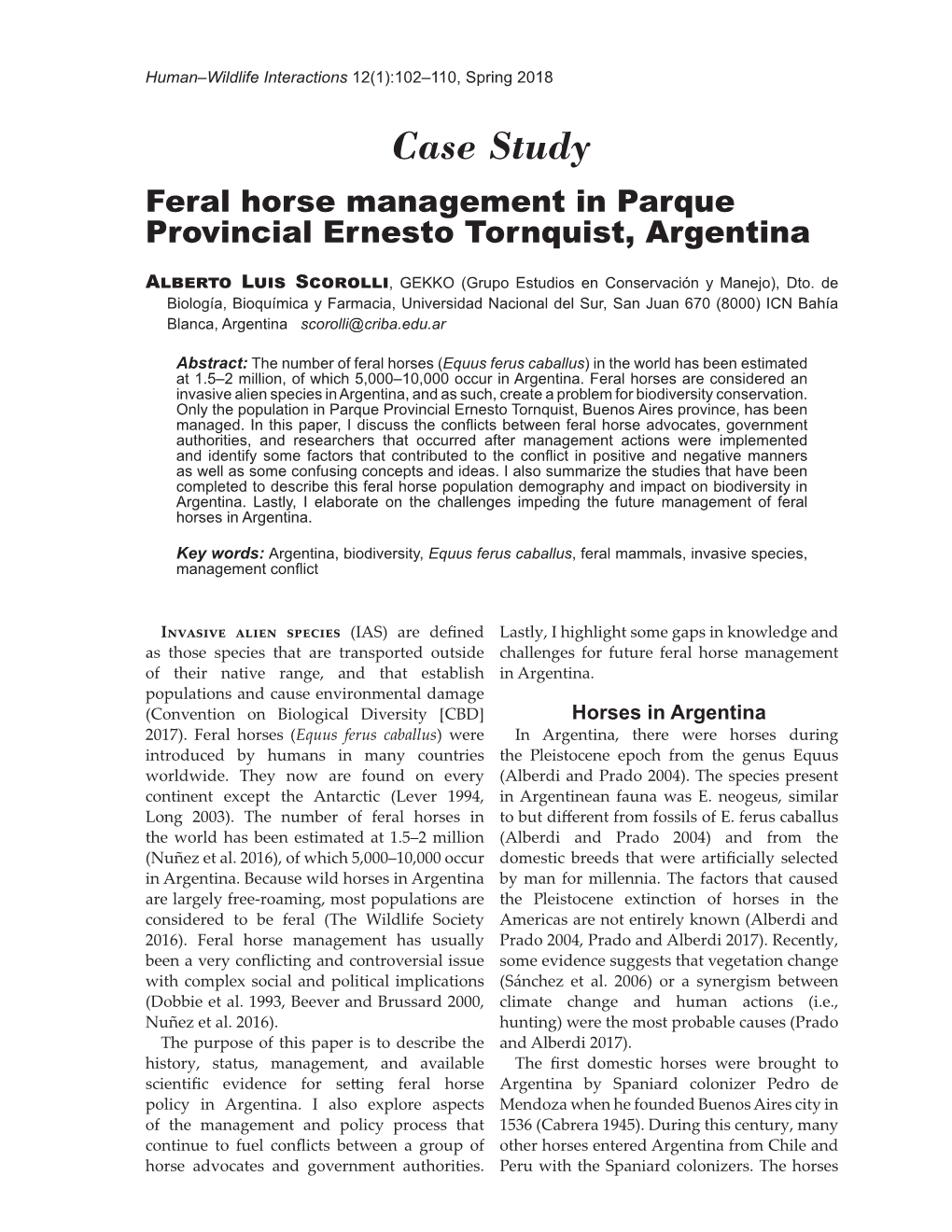 Feral Horse Management in Parque Provincial Ernesto Tornquist, Argentina
