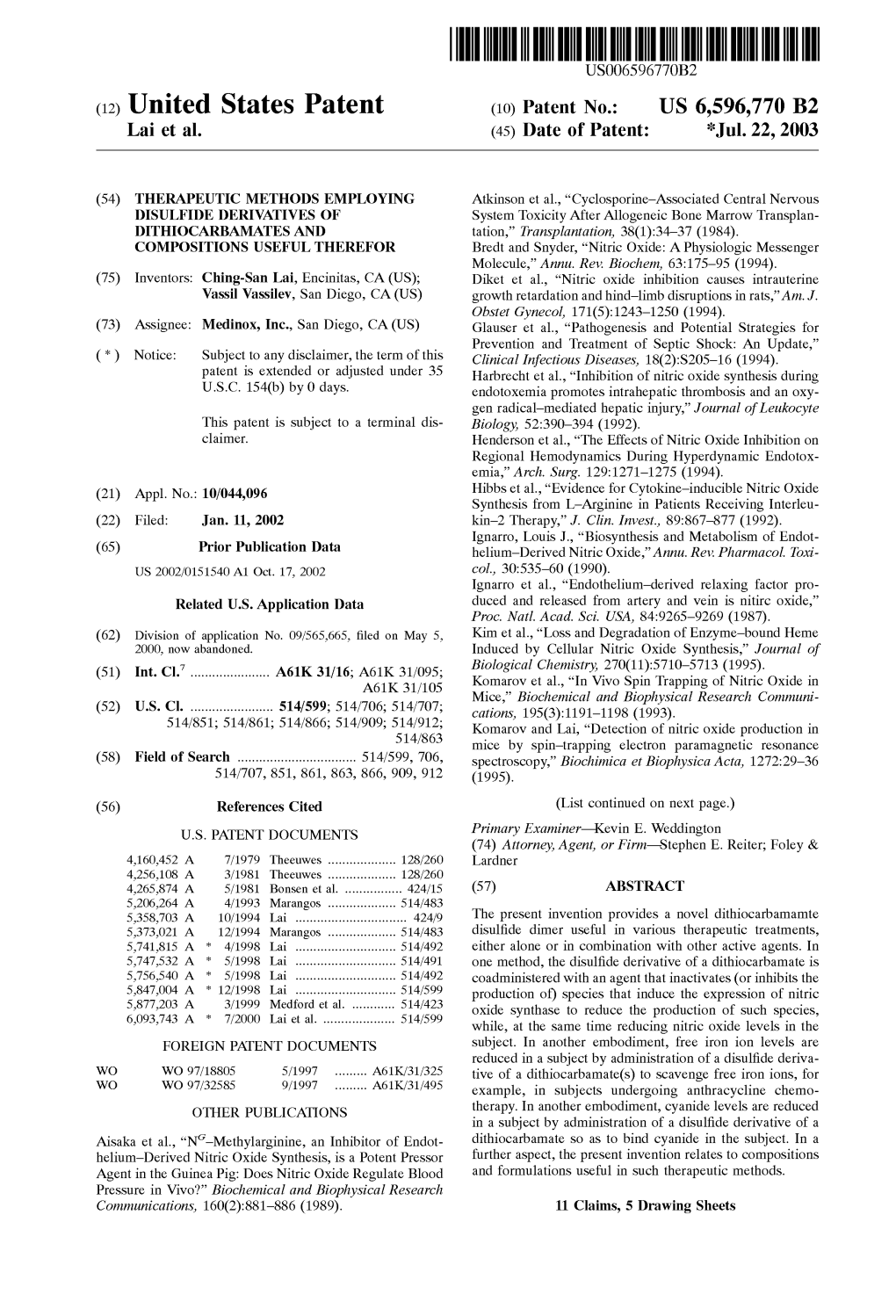 (12) United States Patent (10) Patent No.: US 6,596,770 B2 Lai Et Al