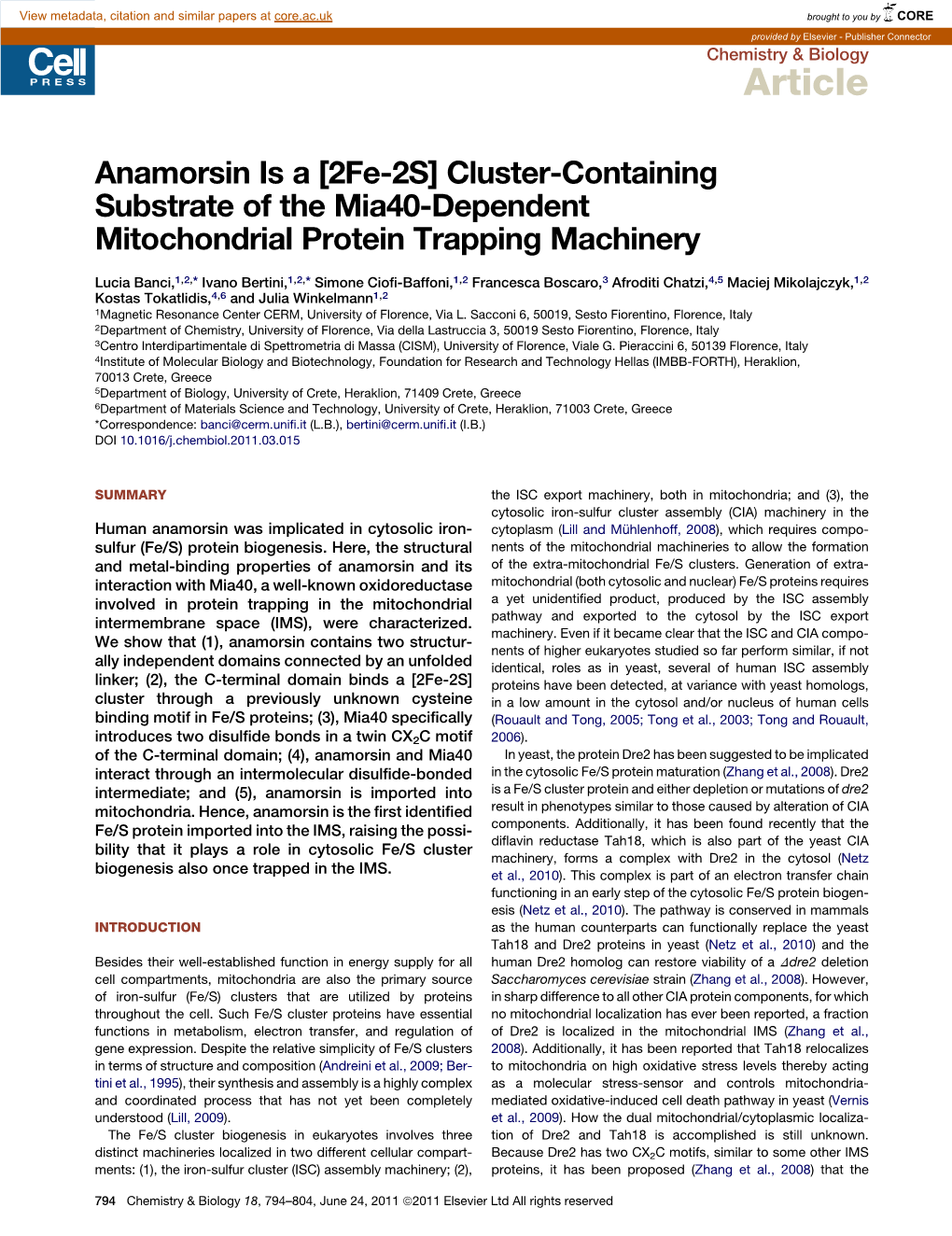 Anamorsin Is a [2Fe-2S] Cluster-Containing Substrate of the Mia40-Dependent Mitochondrial Protein Trapping Machinery