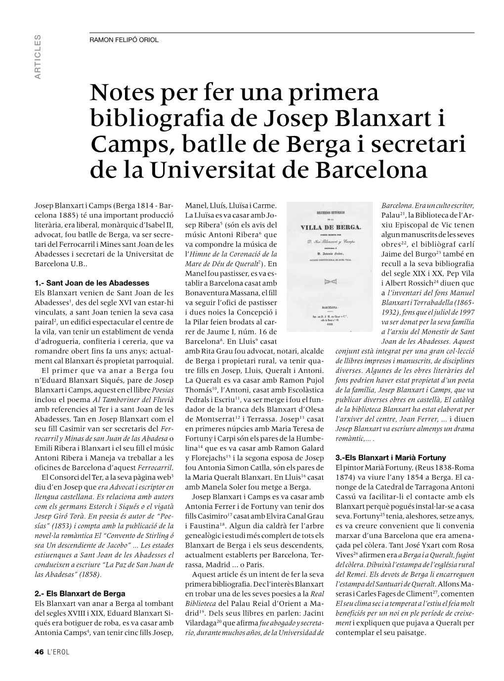 Notes Per Fer Una Primera Bibliografia De Josep Blanxart I Camps, Batlle De Berga I Secretari De La Universitat De Barcelona