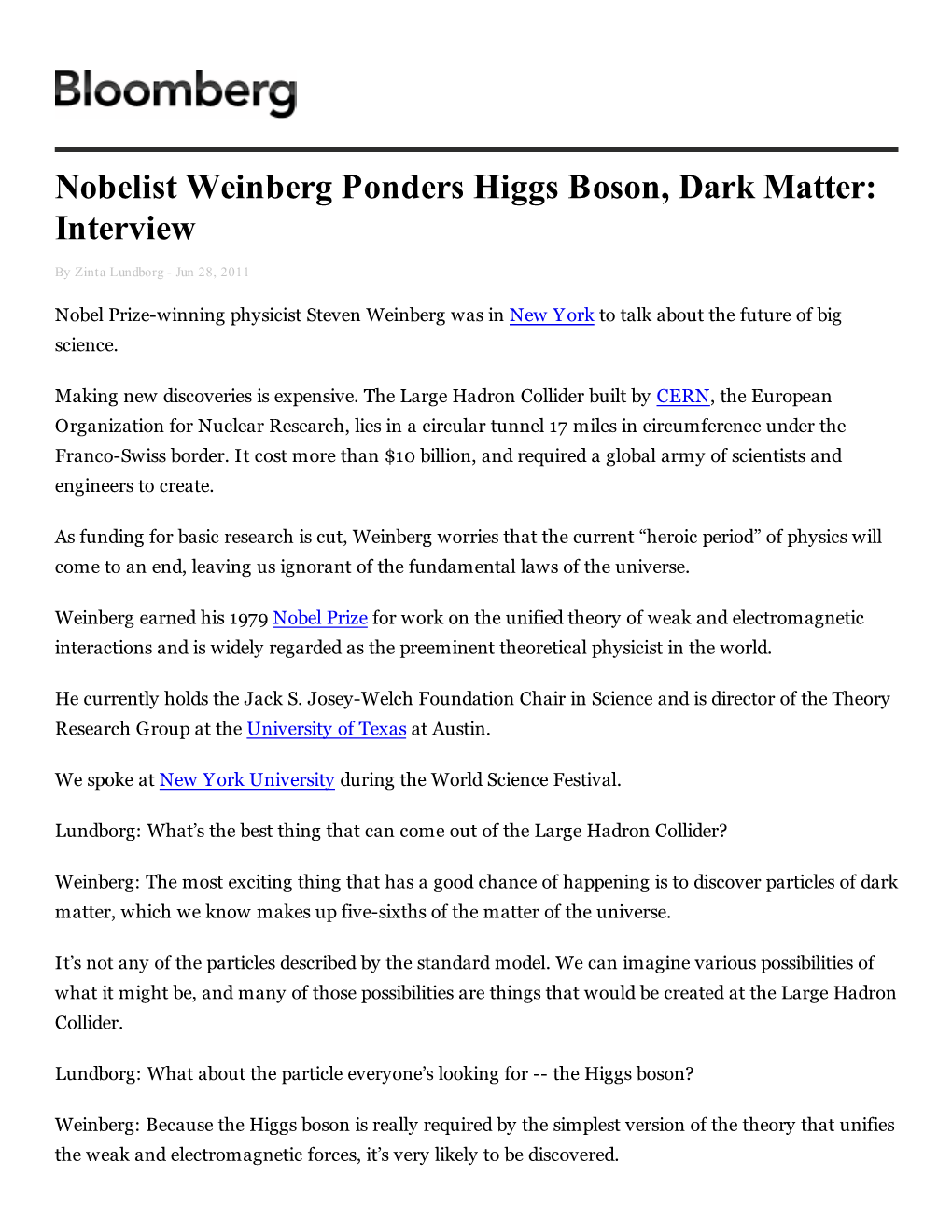 Nobelist Weinberg Ponders Higgs Boson, Dark Matter: Interview