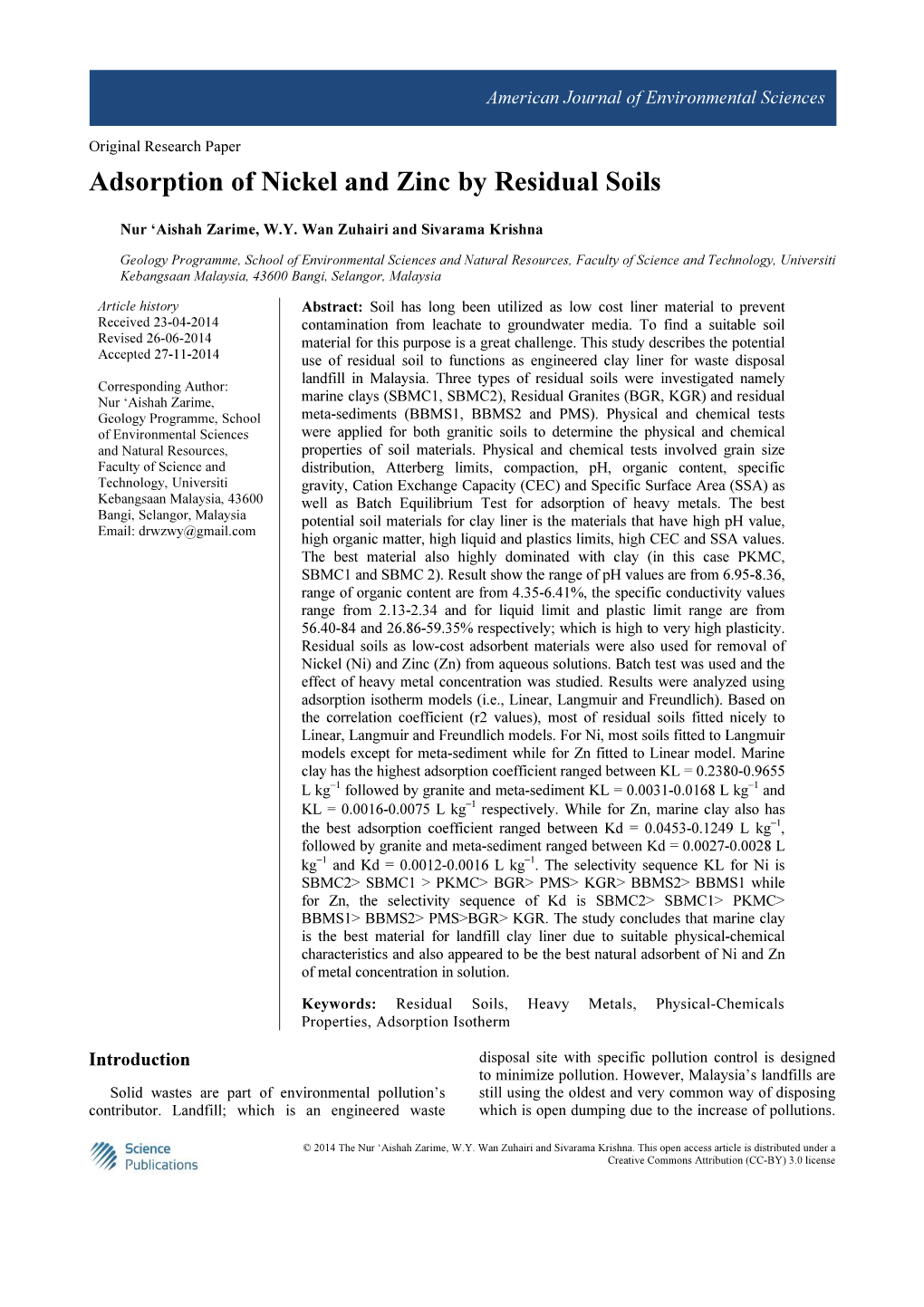 Adsorption of Nickel and Zinc by Residual Soils