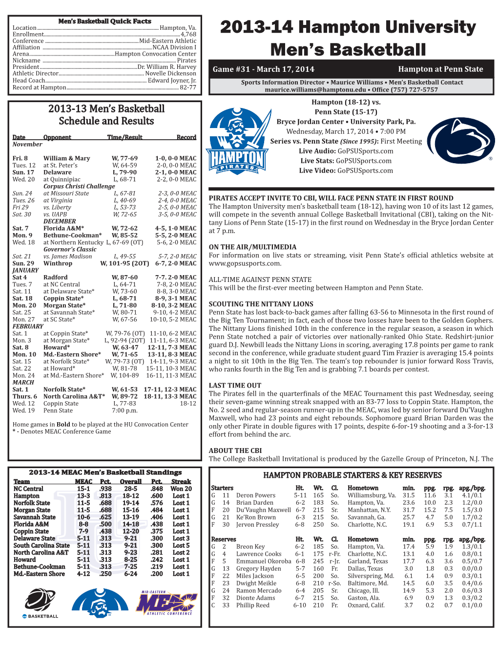 Game Notes Wednesday, March 19, 2014 • Penn State • Bryce Jordan Center • University Park, Pa