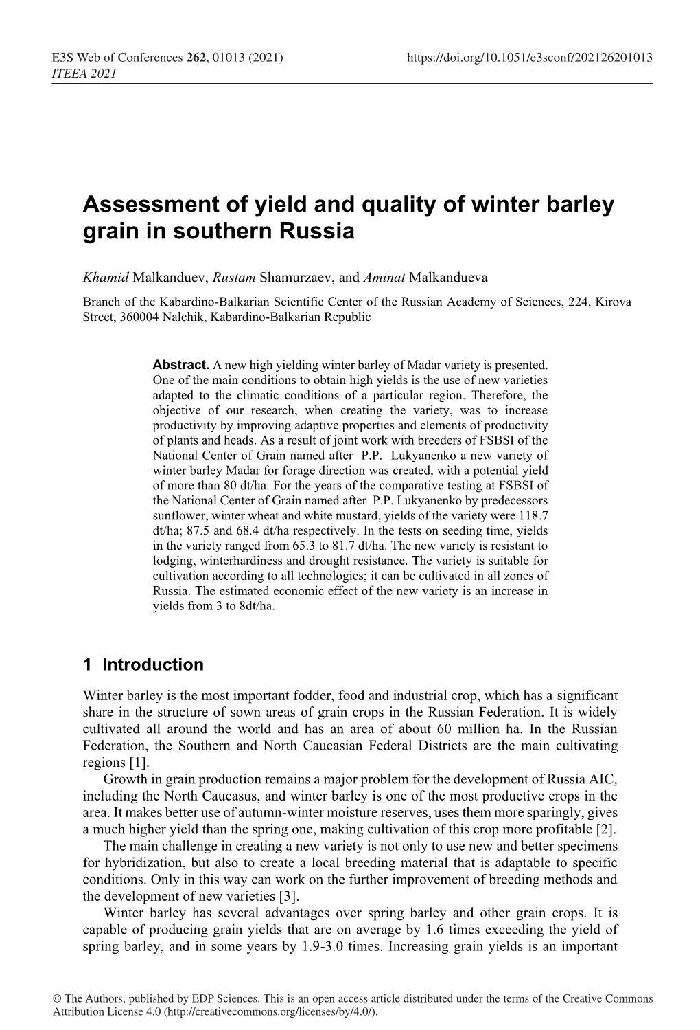 Assessment of Yield and Quality of Winter Barley Grain in Southern Russia