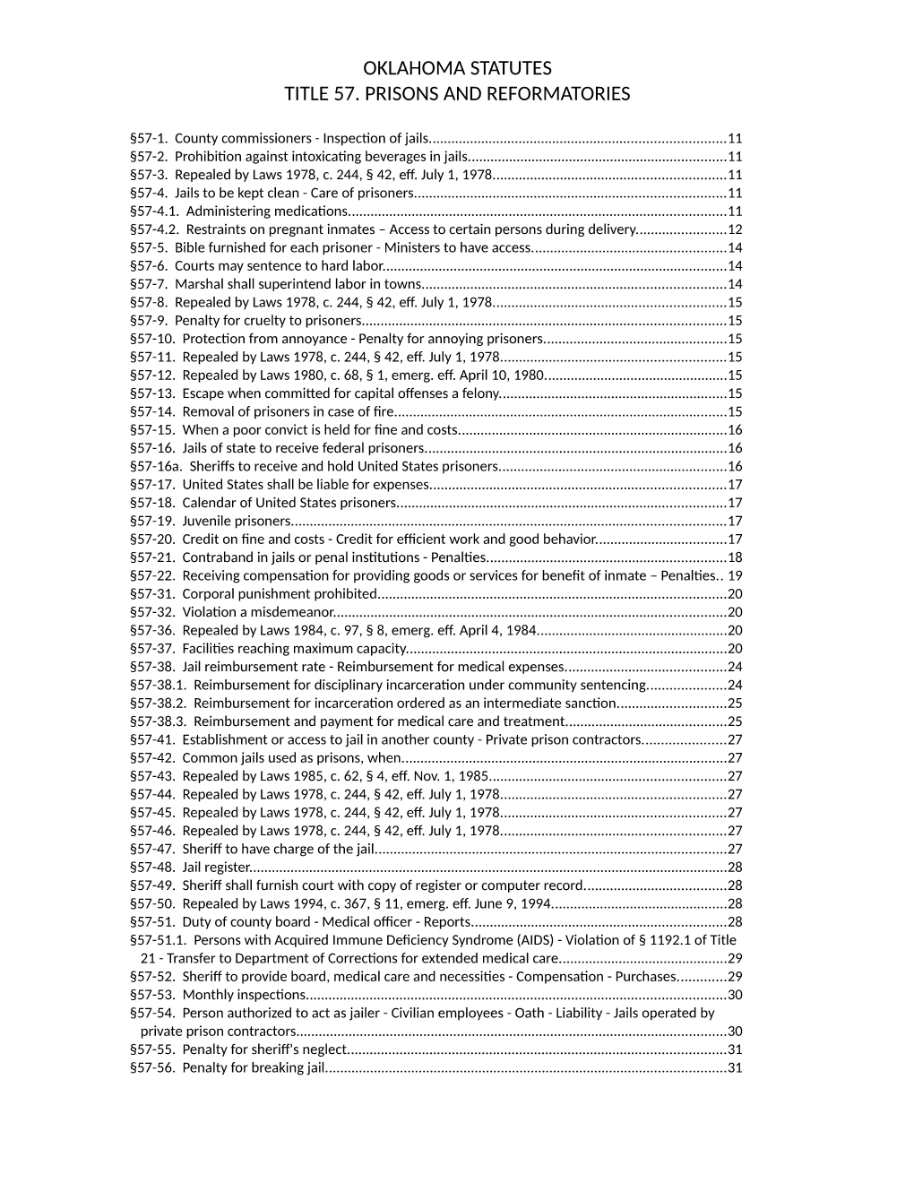 Oklahoma Statutes Title 57. Prisons and Reformatories